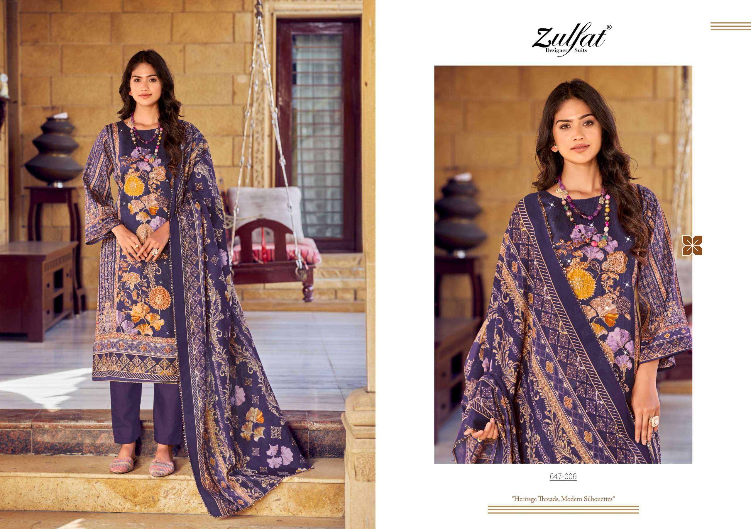 ZULFAT DESIGNER SUITS SANGINI VOL 6 JAM COTTON PRINT WITH FANCY WORK SUIT