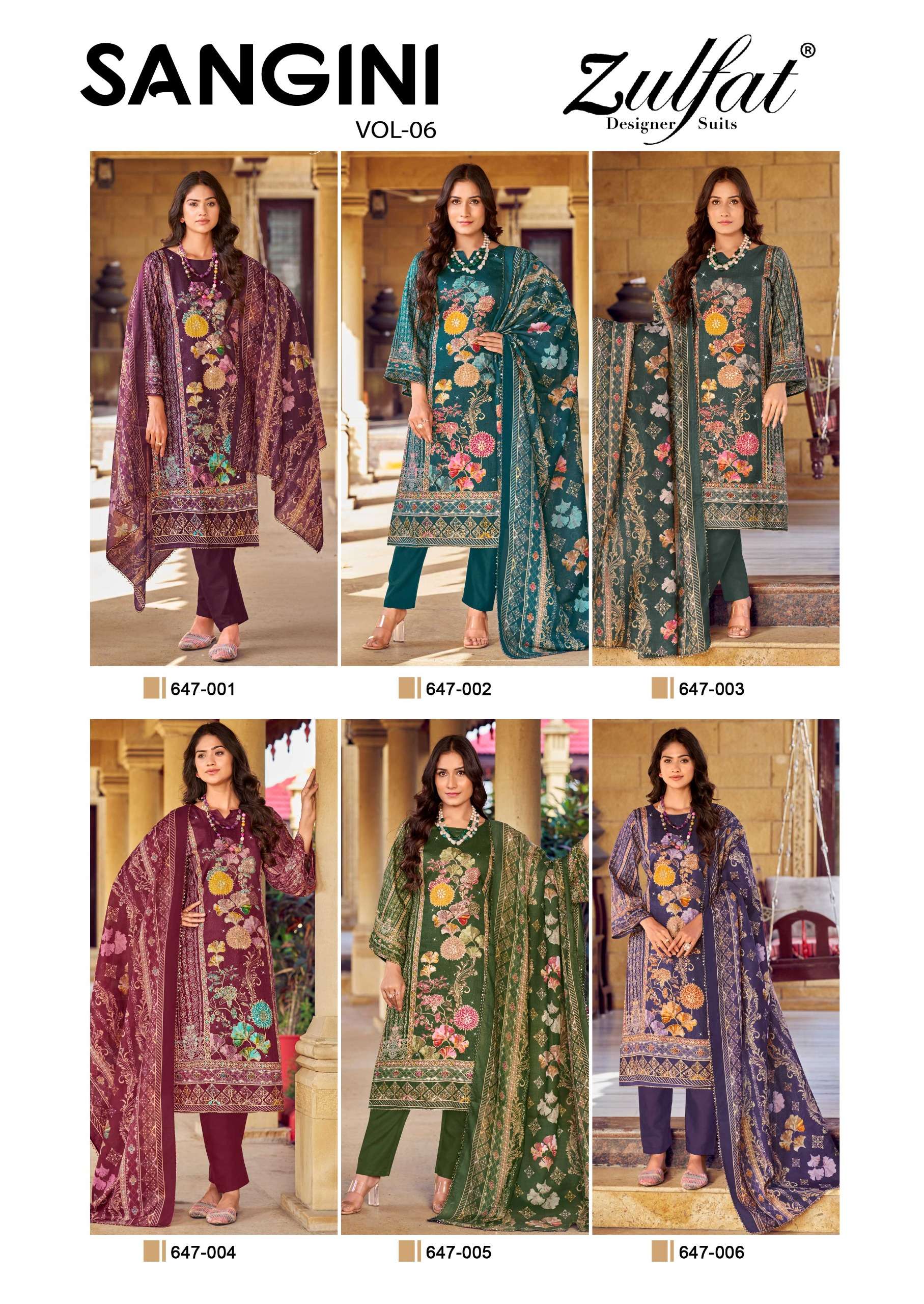 ZULFAT DESIGNER SUITS SANGINI VOL 6 JAM COTTON PRINT WITH FANCY WORK SUIT