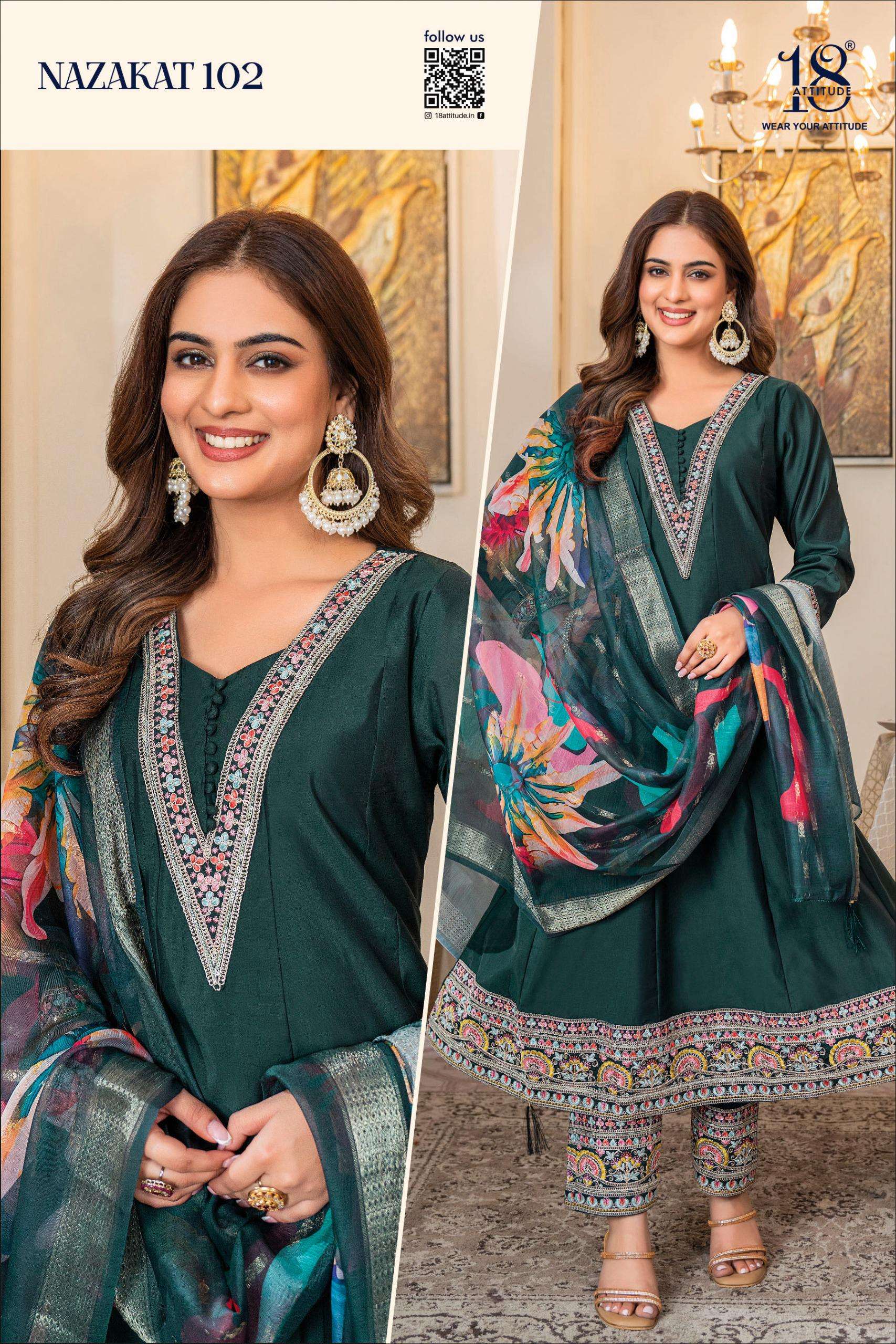 18 ATTITUDE NAZAKAT MUSLIN DESIGNER ANARKALI STYLE READY MADE LADIES SUIT