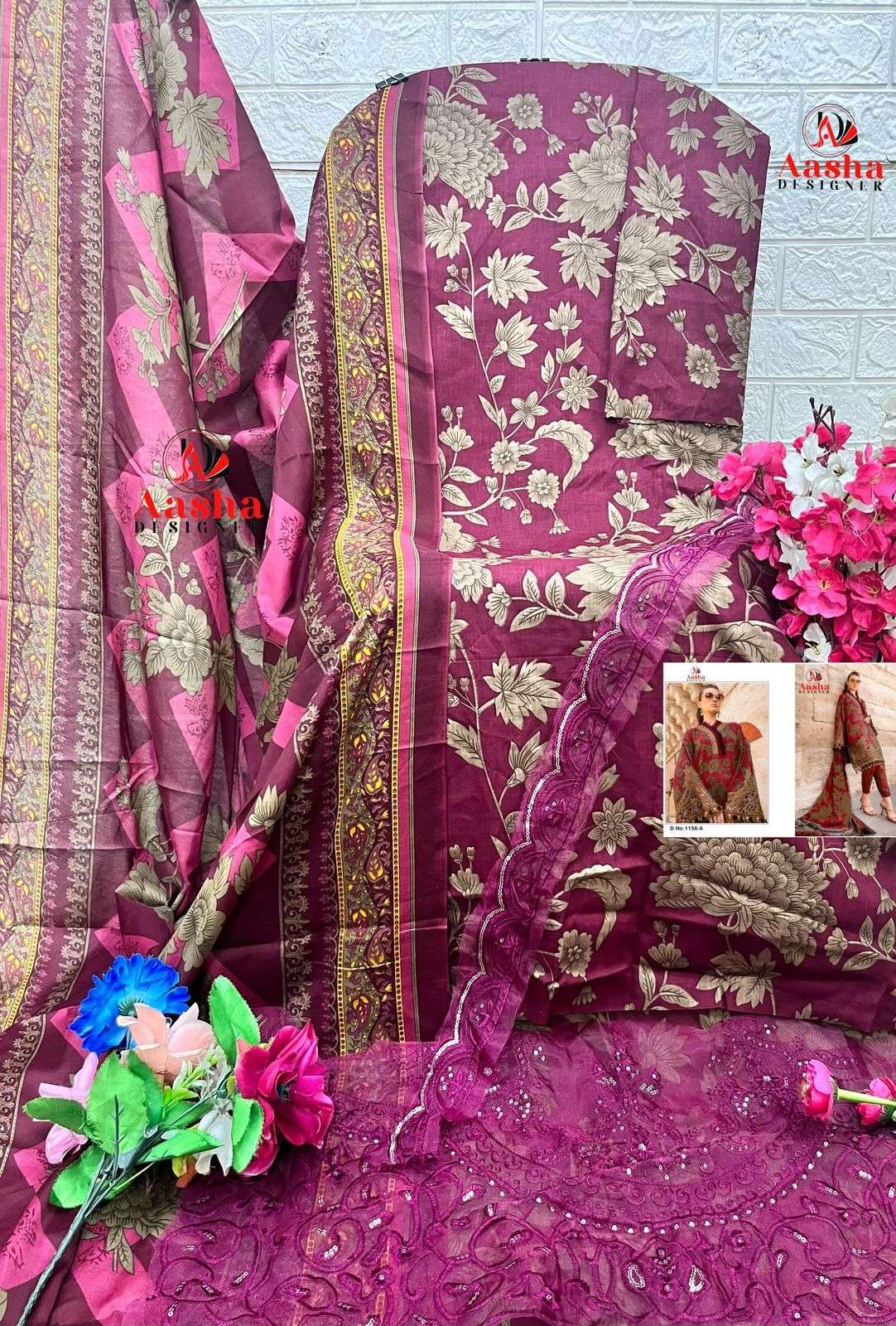 AASHA DESIGNER DESIGN NO - 1158 AB PURE COTTON PRINT HEAVY EMBROIDERED PACTH PAKISTANI SALWAR SUIT