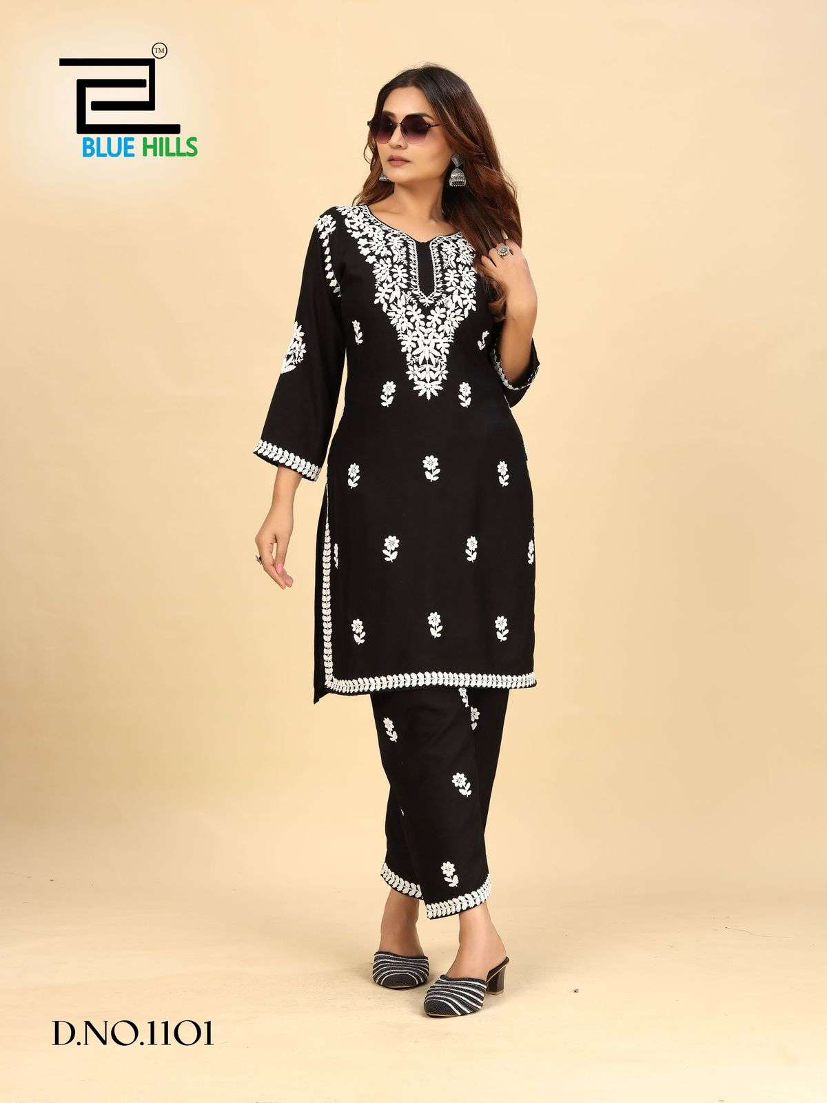 BLUE HILLS BLACK AND WHITE VOL 11 FANCY LUCKNOWI WORKS KURTI WITH PANT SET