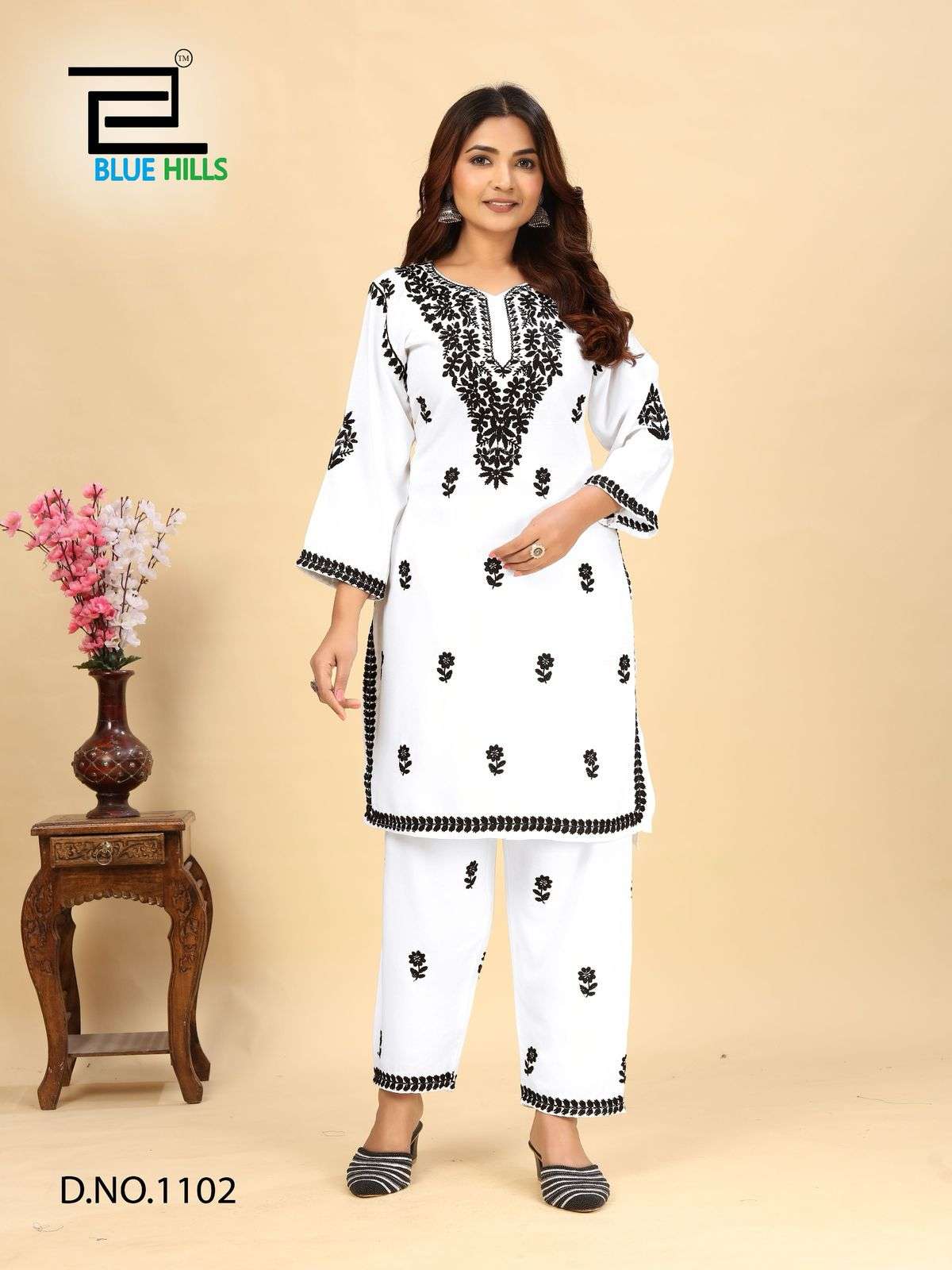 BLUE HILLS BLACK AND WHITE VOL 11 FANCY LUCKNOWI WORKS KURTI WITH PANT SET