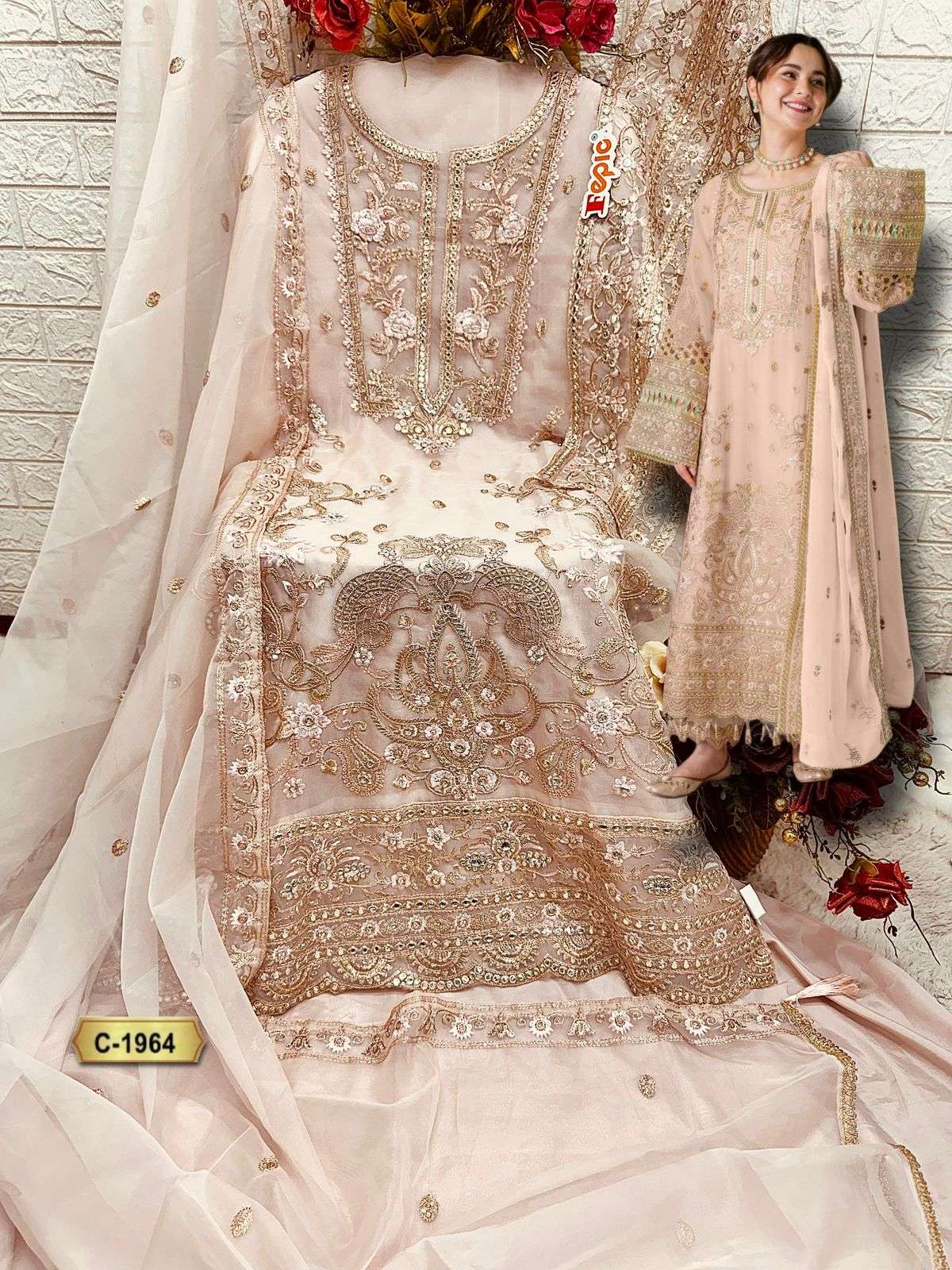FEPIC ROSEMEEN C 1964 ORGANZA EMBROIDERY DESIGNER PAKISTANI SUIT