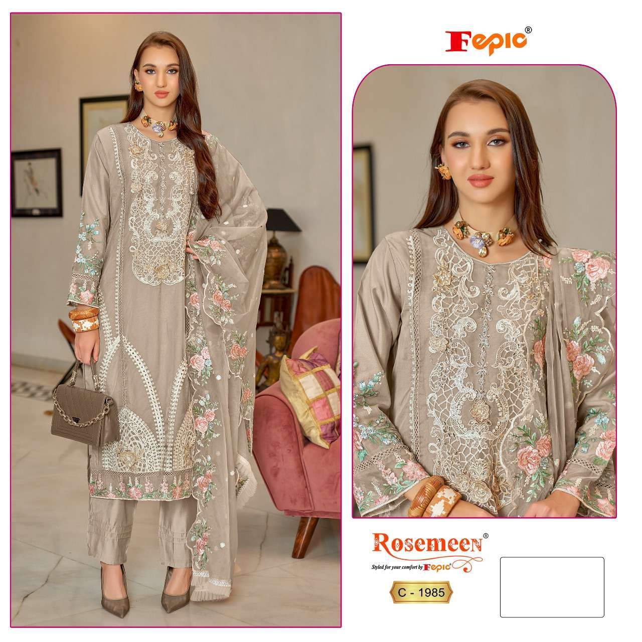 FEPIC ROSEMEEN C 1985 ORGANZA EMBROIDERY DESIGNER WORK SUIT