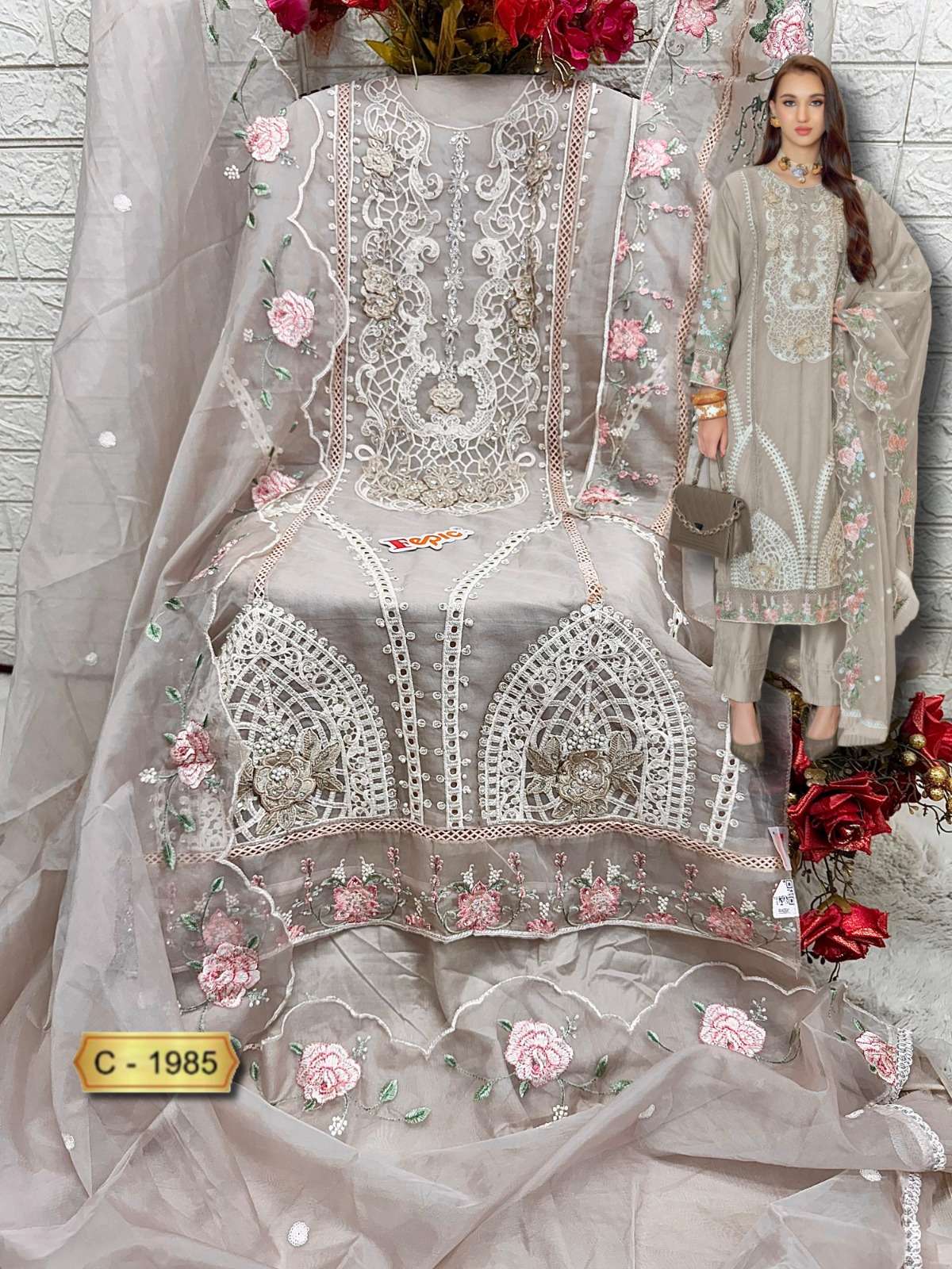 FEPIC ROSEMEEN C 1985 ORGANZA EMBROIDERY DESIGNER WORK SUIT