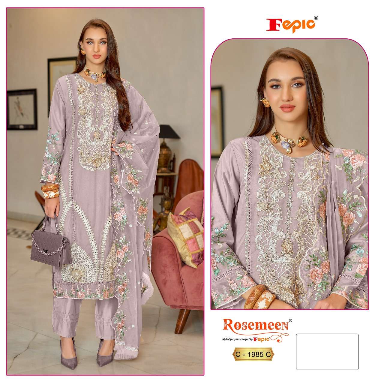FEPIC ROSEMEEN C 1985 ORGANZA EMBROIDERY DESIGNER WORK SUIT