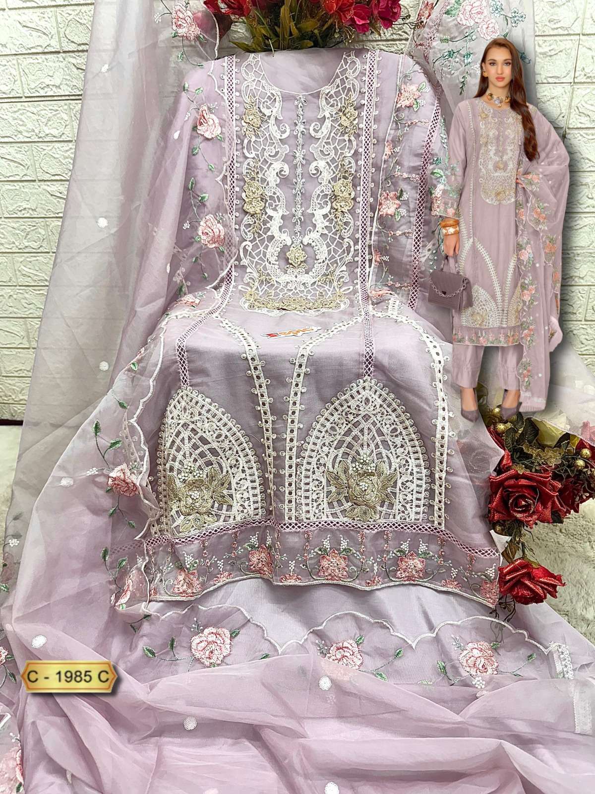 FEPIC ROSEMEEN C 1985 ORGANZA EMBROIDERY DESIGNER WORK SUIT