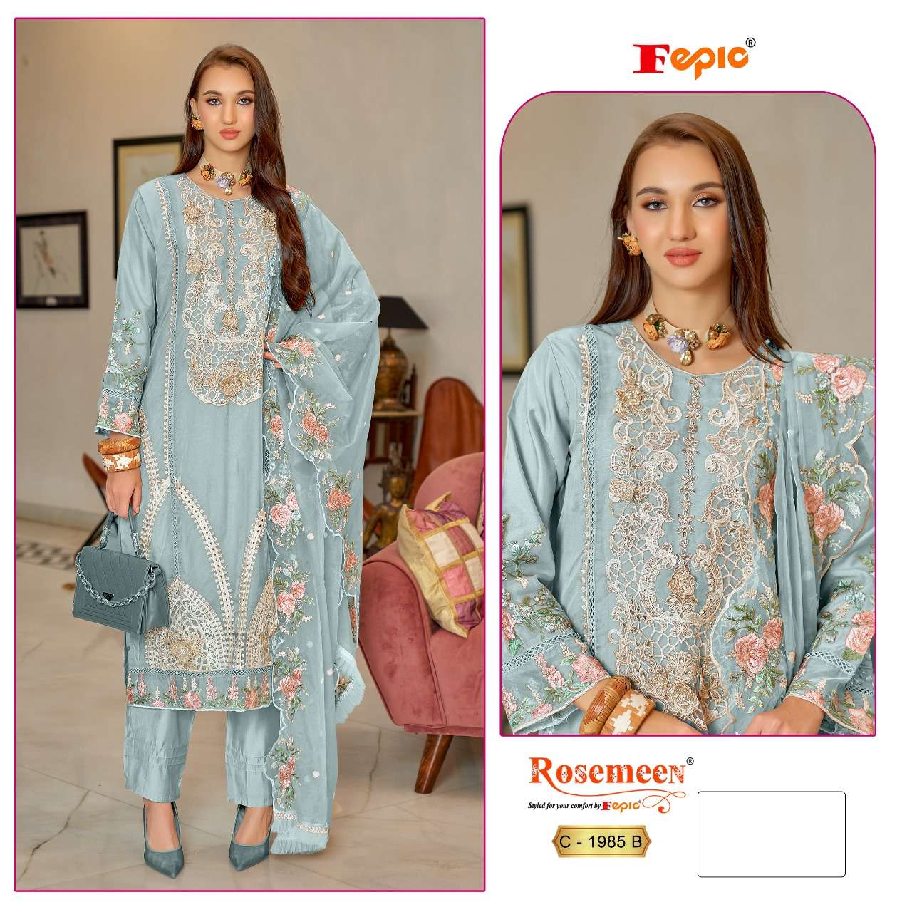FEPIC ROSEMEEN C 1985 ORGANZA EMBROIDERY DESIGNER WORK SUIT