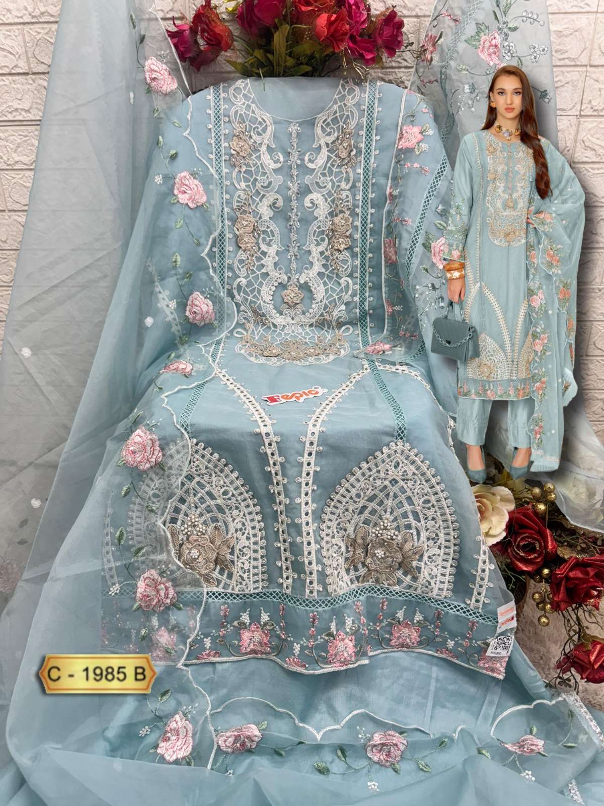 FEPIC ROSEMEEN C 1985 ORGANZA EMBROIDERY DESIGNER WORK SUIT