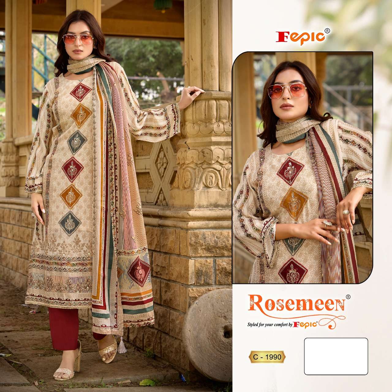 FEPIC ROSEMEEN C 1990 CRAPE PRINTED EMBROIDERED SUIT
