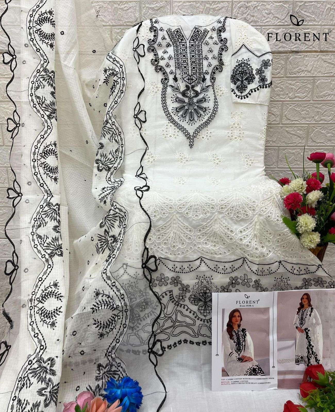 FLORENT TM DESIGN NO - 1038 CAMBRIC COTTON HEAVY EMBROIDERED CHIKANKARI PAKISTANI SALWAR SUIT