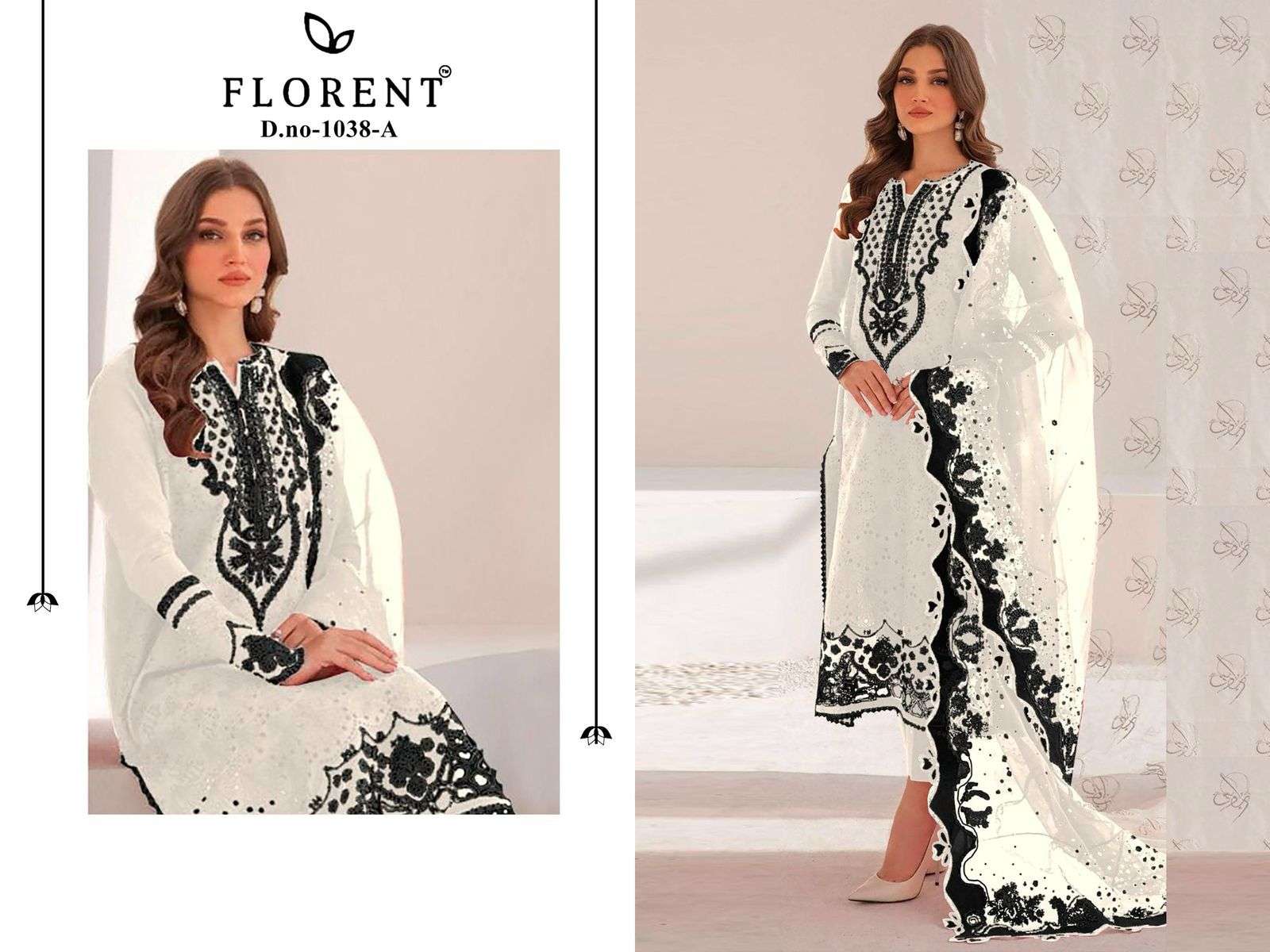 FLORENT TM DESIGN NO - 1038 CAMBRIC COTTON HEAVY EMBROIDERED CHIKANKARI PAKISTANI SALWAR SUIT