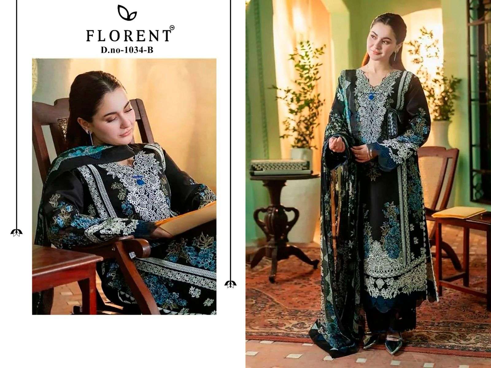 FLORENTTM DESIGN NO - 1034 AB  PURE COTTON PRINT HEAVY SELF EMBROIDERED HANDWORK SALWAR SUIT 