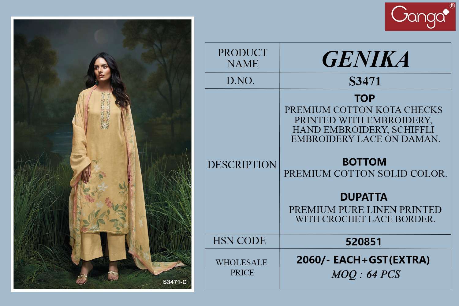 GANGA GENIKA 3471 COTTON PRINTED WITH EMBROIDERY WORK SUIT