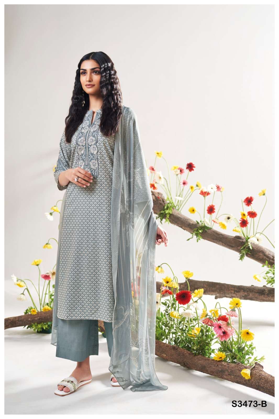 GANGA GURNOOR 3473 COTTON PRINTED WITH FANCY EMBROIDERY WORK SUIT