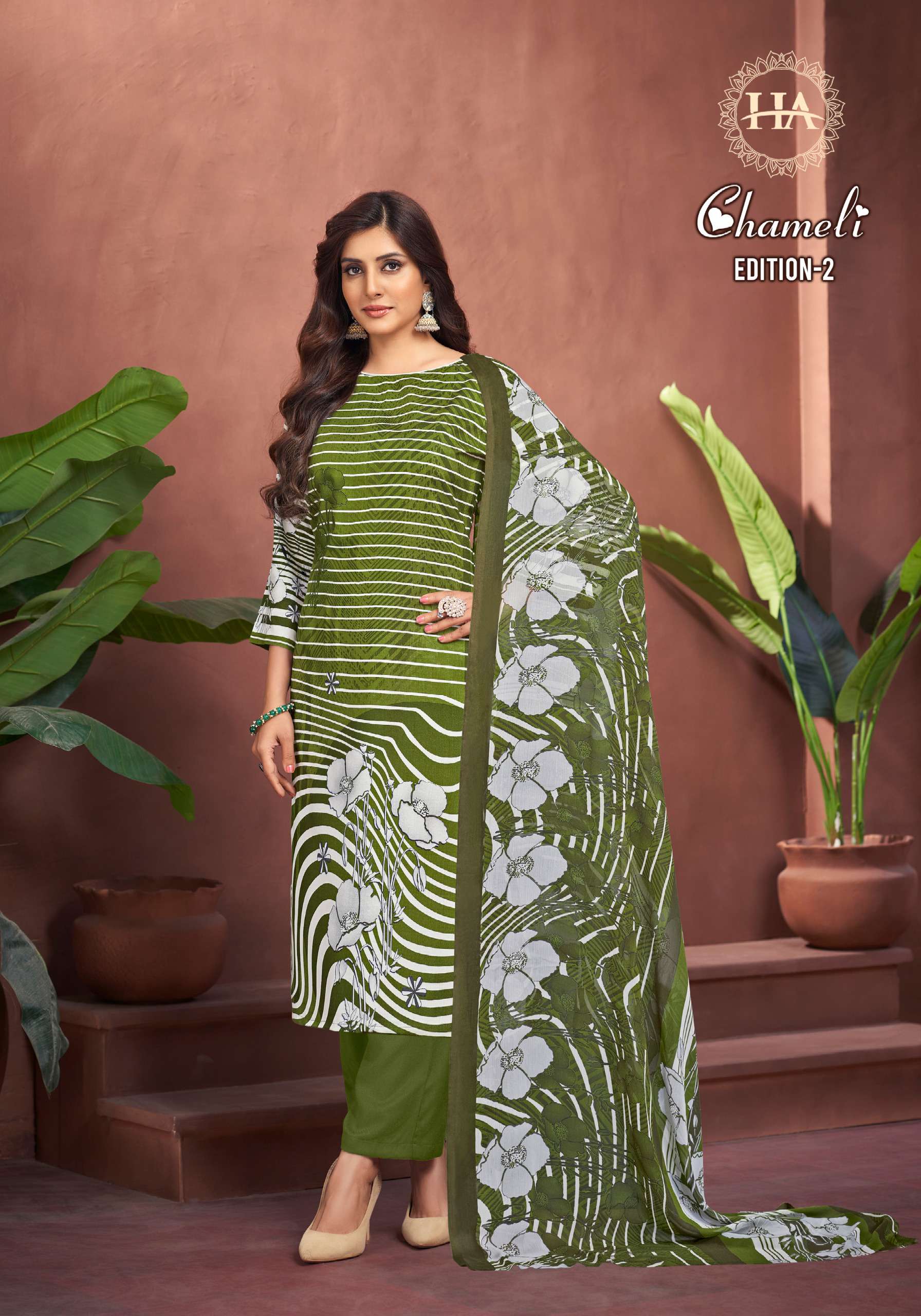 HARSHIT FASHION HUB CHAMELI VISCOSE PRINT WITH SWAROVSKI WORK SUIT