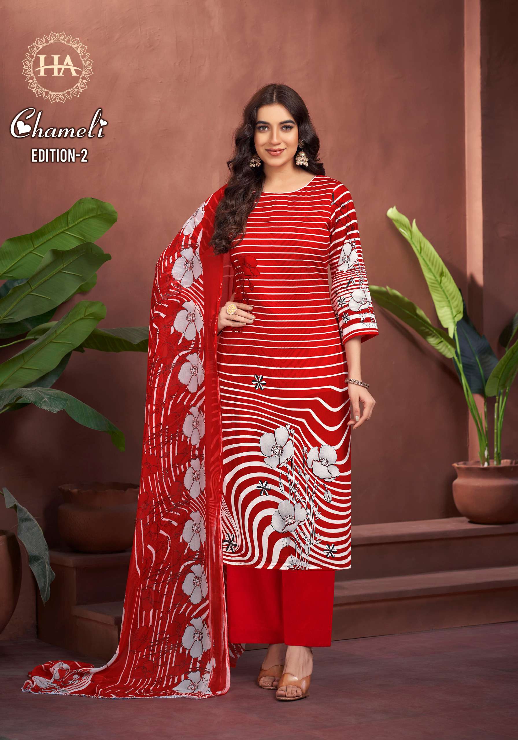 HARSHIT FASHION HUB CHAMELI VISCOSE PRINT WITH SWAROVSKI WORK SUIT