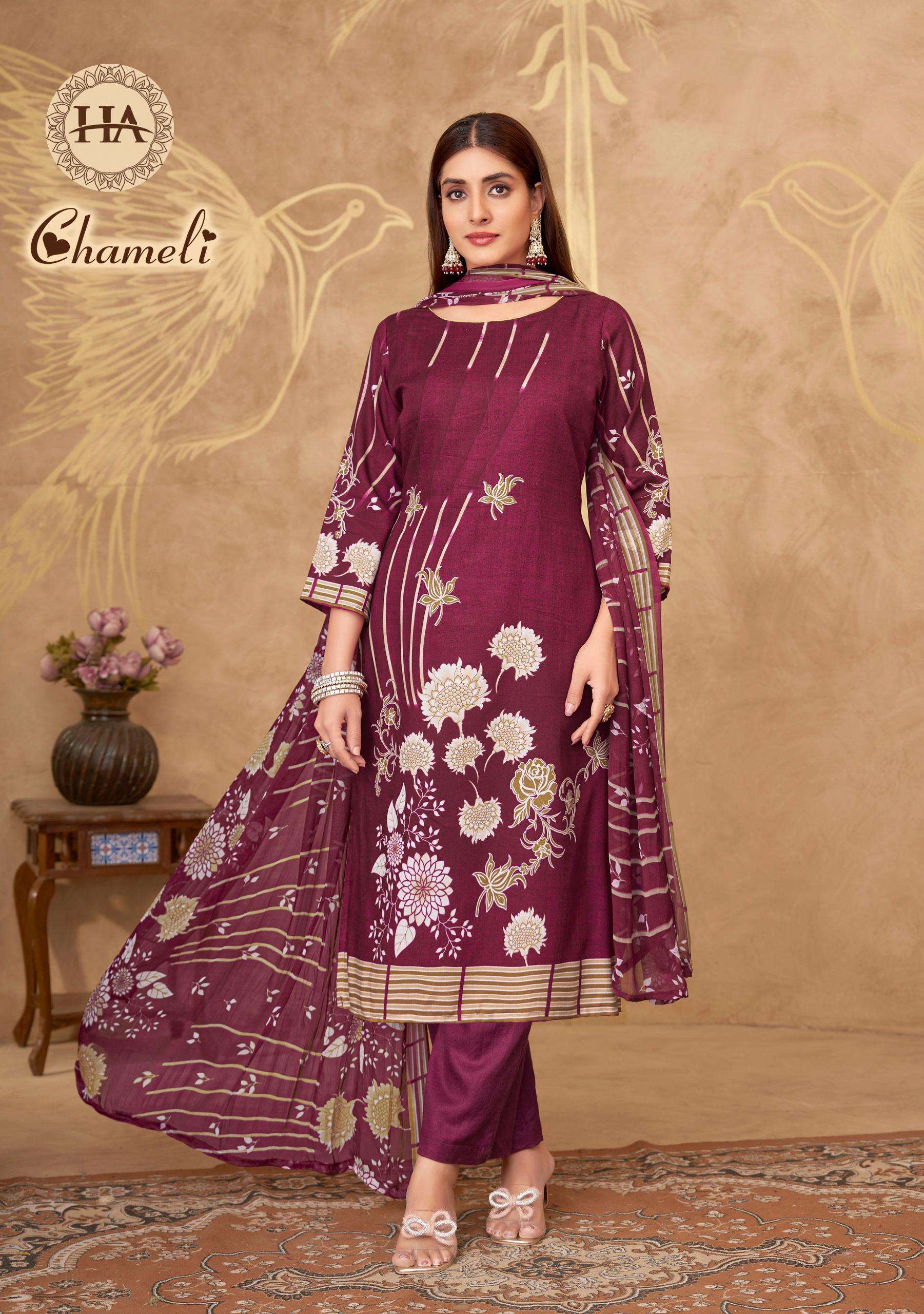 HARSHIT FASHION HUB CHAMELI VISCOSE PRINT WITH SWAROVSKI WORK SUIT
