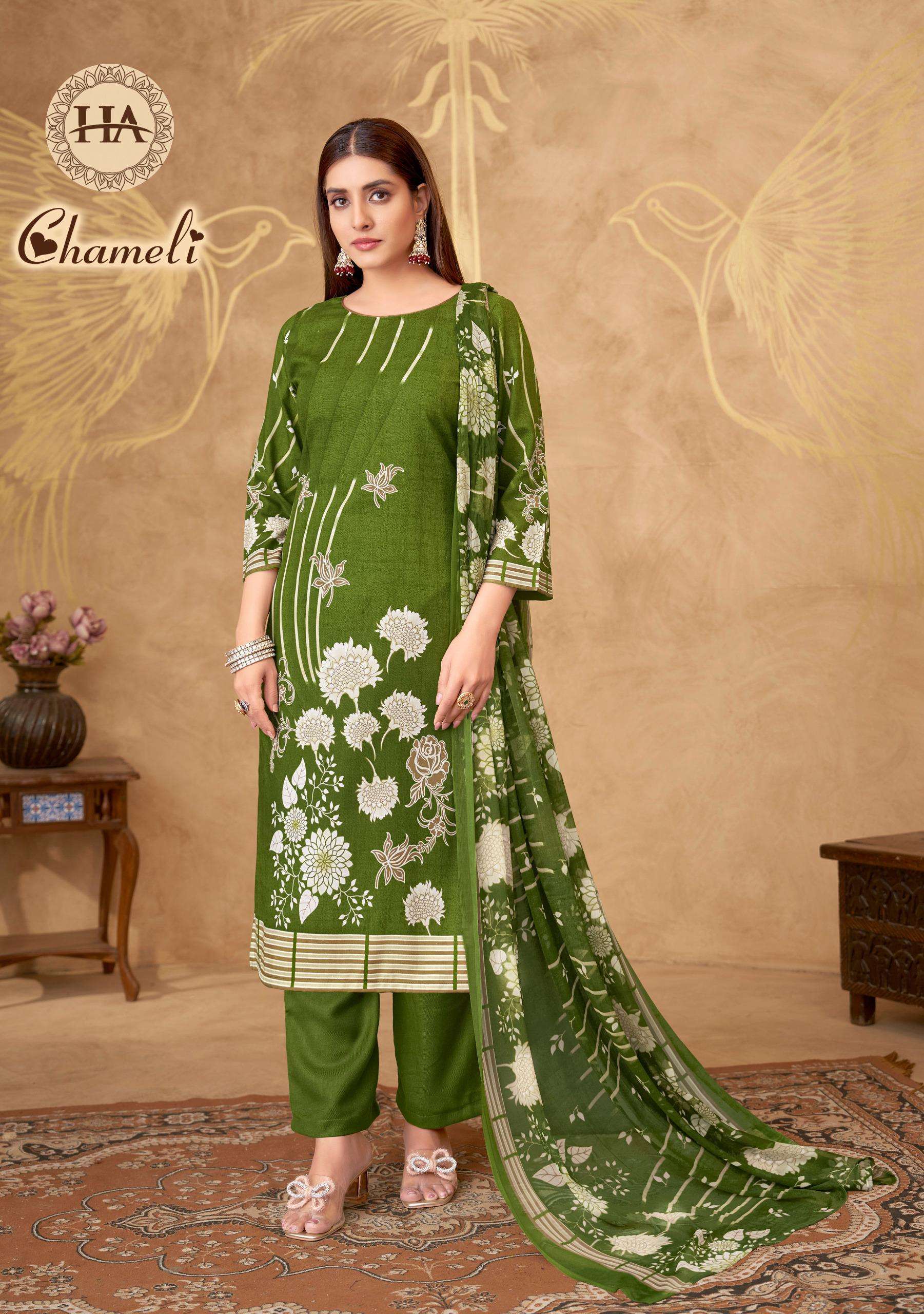 HARSHIT FASHION HUB CHAMELI VISCOSE PRINT WITH SWAROVSKI WORK SUIT