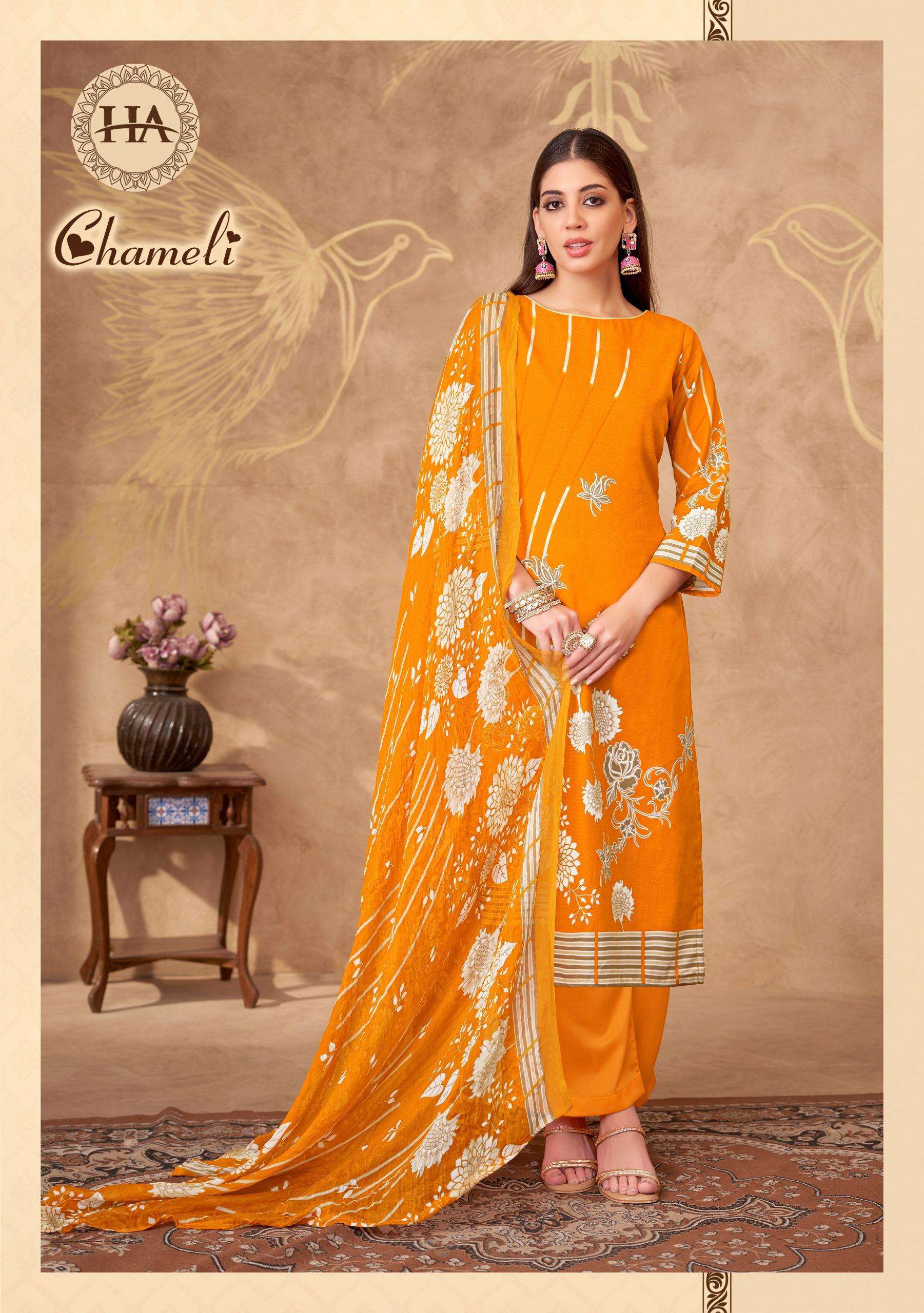 HARSHIT FASHION HUB CHAMELI VISCOSE PRINT WITH SWAROVSKI WORK SUIT
