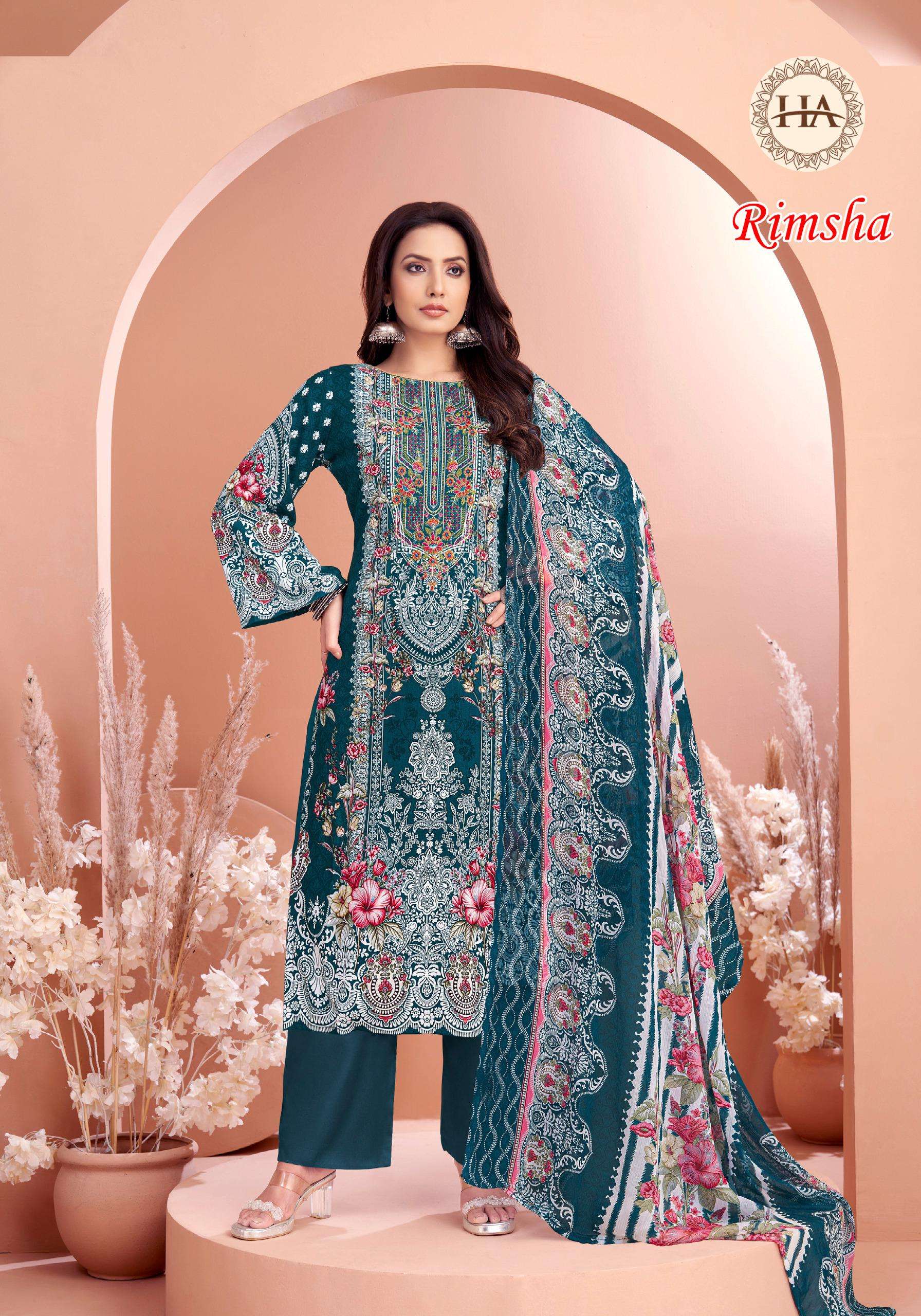HARSHIT FASHION HUB RIMSHA VISCOSE PRINT WITH FANCY WORK SUIT
