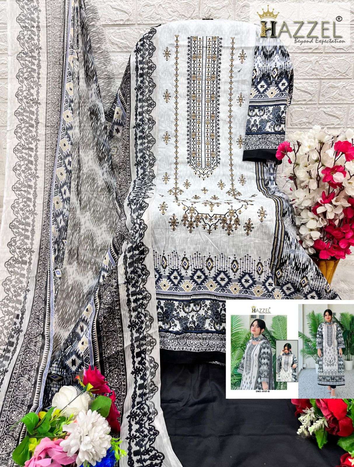 HAZEEL DESIGN NO - 0107 AB PURE LAWN COTTON PRINT EXCLUSIVE SELF EMBROIDERED PAKISTANI SALWAR SUIT