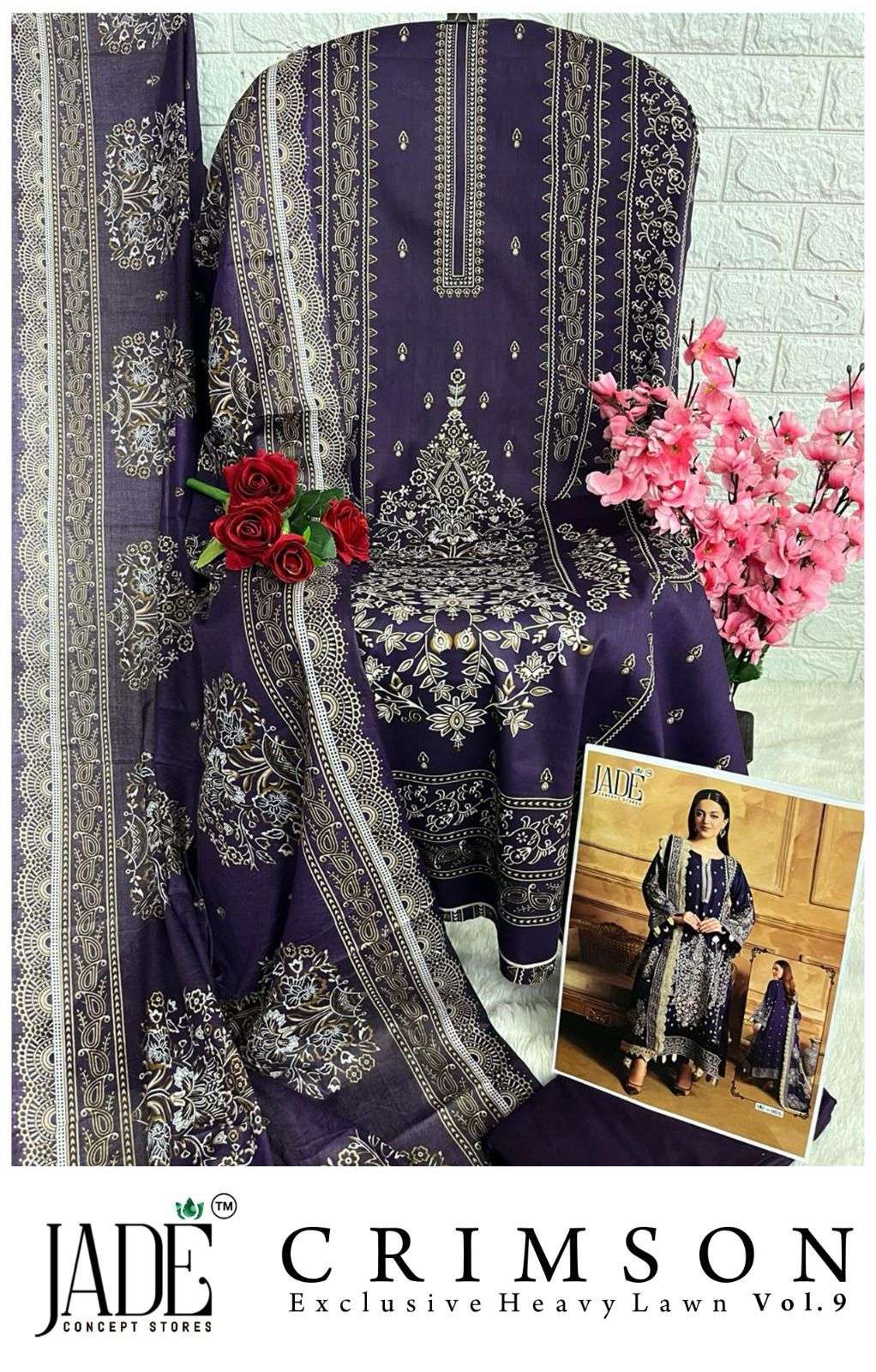 JADE CRIMSON EXCLUSIVE HEAVY LAWN COLLECTION VOL 9 LAWN COTTON DIGITAL PRINT SUIT