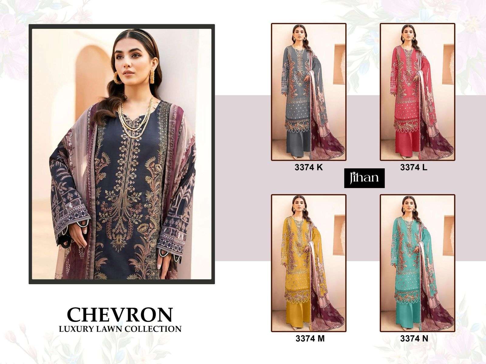 JIHAN DESIGN NO - 3374 PURE LAWN COTTON WITH HEAVY SELF EMBROIDERED PATCH WORK PAKISTANI SALWAR SUIT