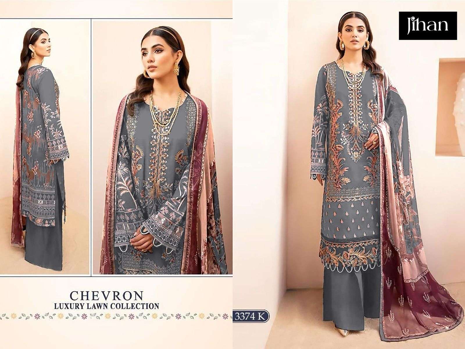 JIHAN DESIGN NO - 3374 PURE LAWN COTTON WITH HEAVY SELF EMBROIDERED PATCH WORK PAKISTANI SALWAR SUIT