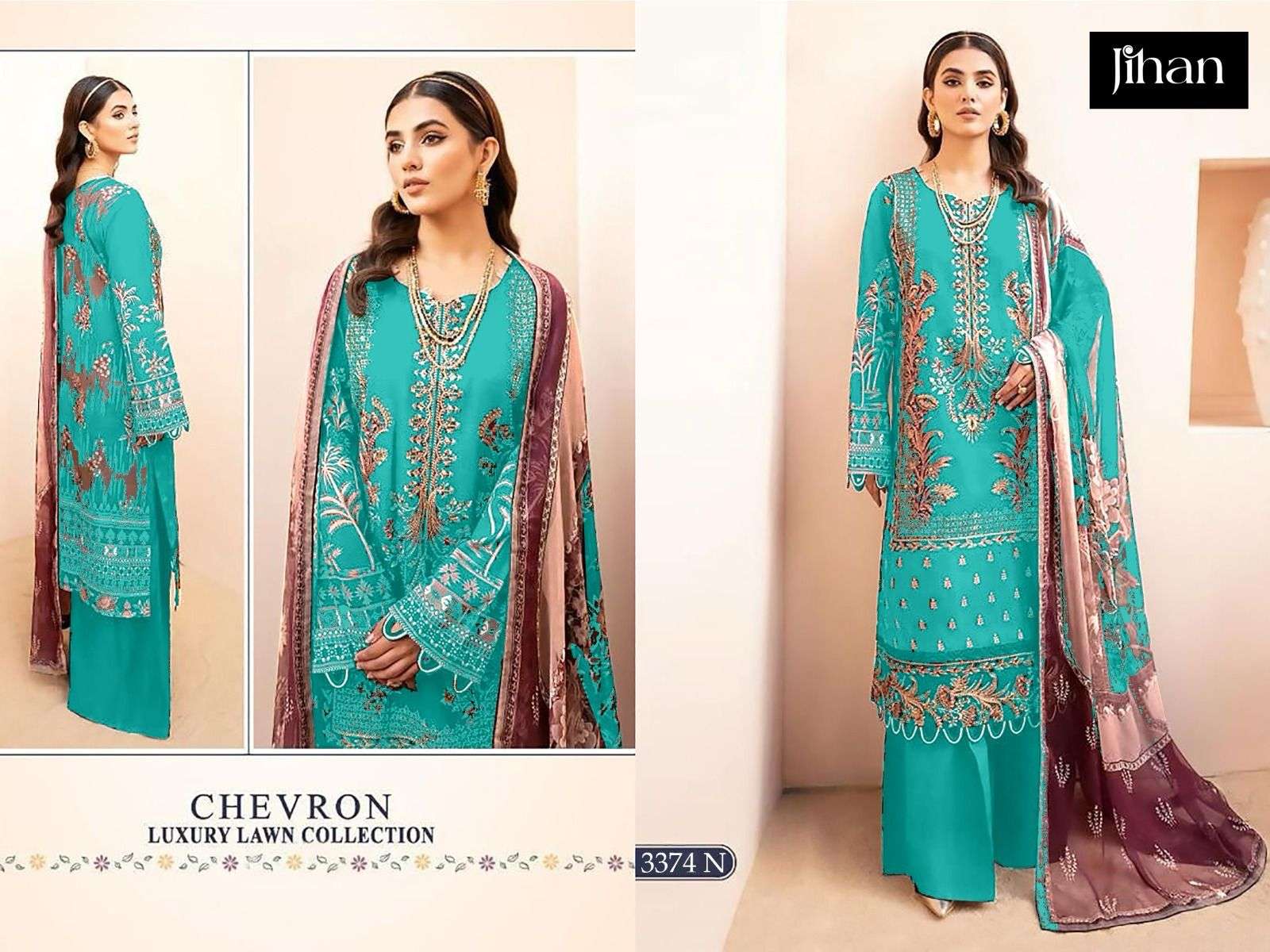 JIHAN DESIGN NO - 3374 PURE LAWN COTTON WITH HEAVY SELF EMBROIDERED PATCH WORK PAKISTANI SALWAR SUIT