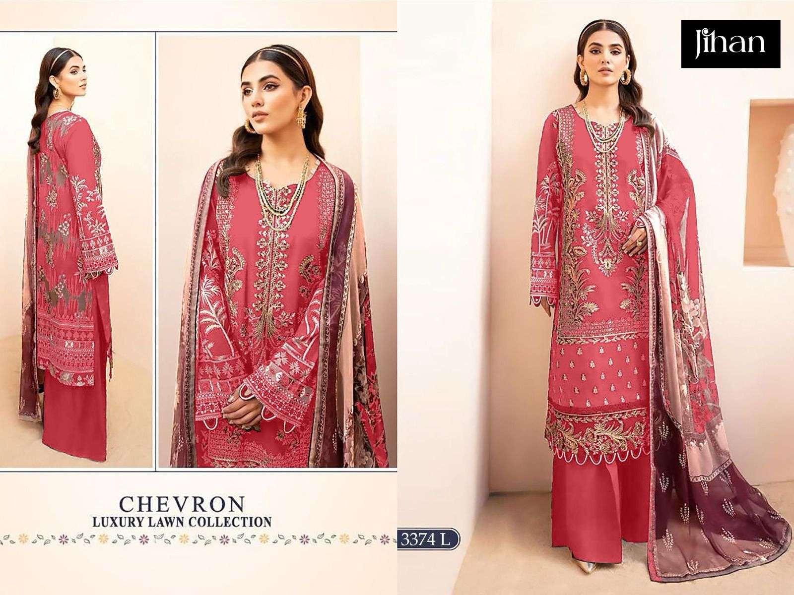 JIHAN DESIGN NO - 3374 PURE LAWN COTTON WITH HEAVY SELF EMBROIDERED PATCH WORK PAKISTANI SALWAR SUIT