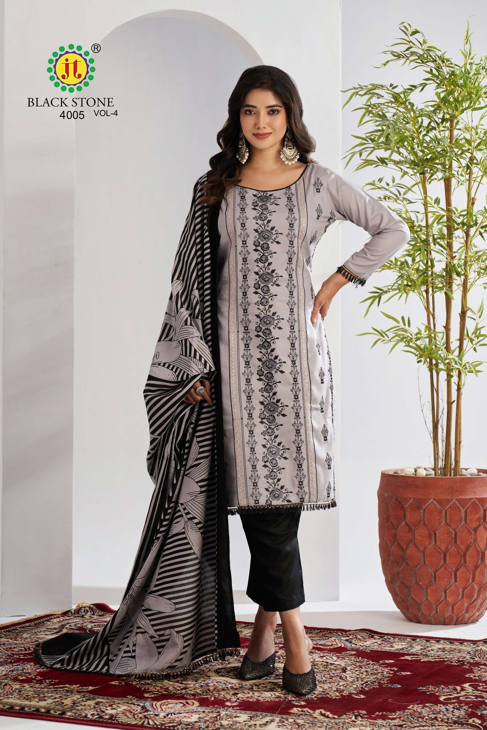 JT BLACK STONE VOL 4 RAYON FANCY EMBROIDERY WORKS SUIT