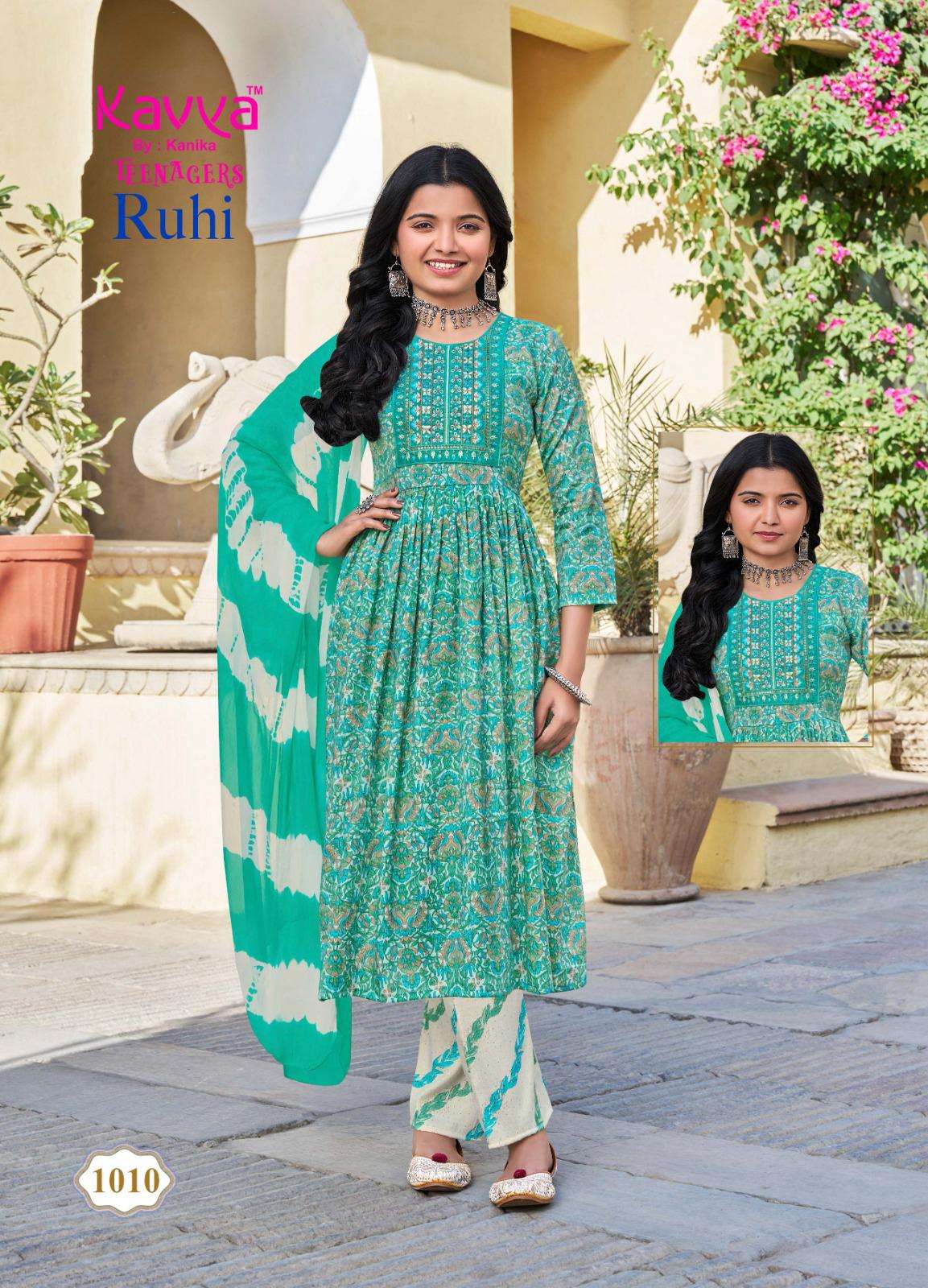 KAVYA RUHI VOL 10 CAPSULE FOIL PRINT UMBRELLA CUT PATTERN KIDS WEAR KURTI COMBO SET 