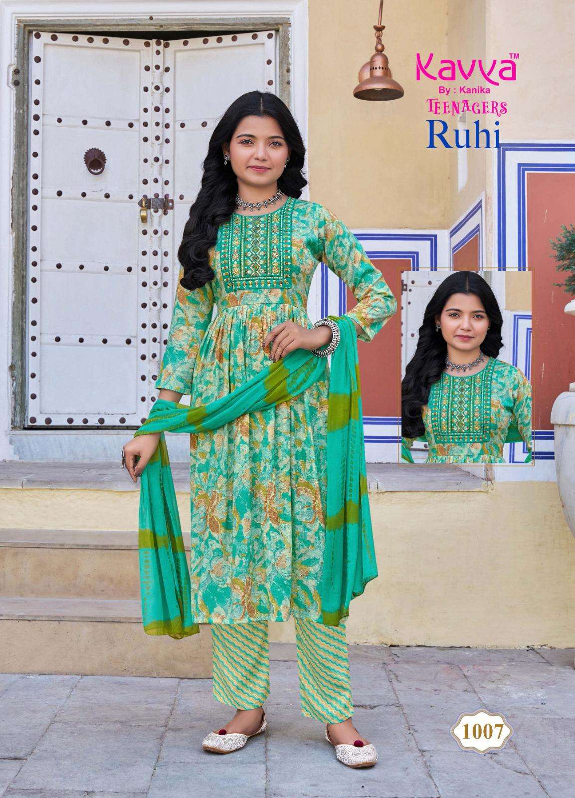 KAVYA RUHI VOL 10 CAPSULE FOIL PRINT UMBRELLA CUT PATTERN KIDS WEAR KURTI COMBO SET 