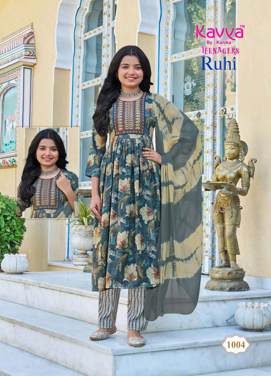 KAVYA RUHI VOL 10 CAPSULE FOIL PRINT UMBRELLA CUT PATTERN KIDS WEAR KURTI COMBO SET 
