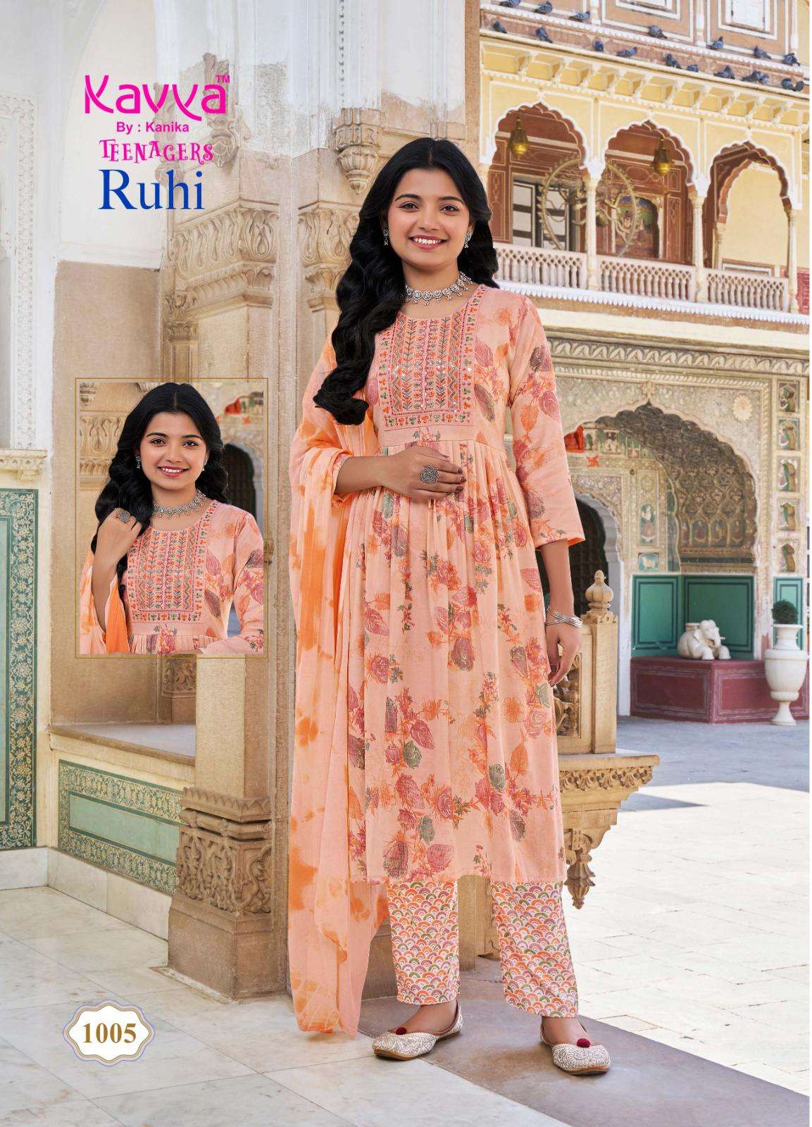 KAVYA RUHI VOL 10 CAPSULE FOIL PRINT UMBRELLA CUT PATTERN KIDS WEAR KURTI COMBO SET 