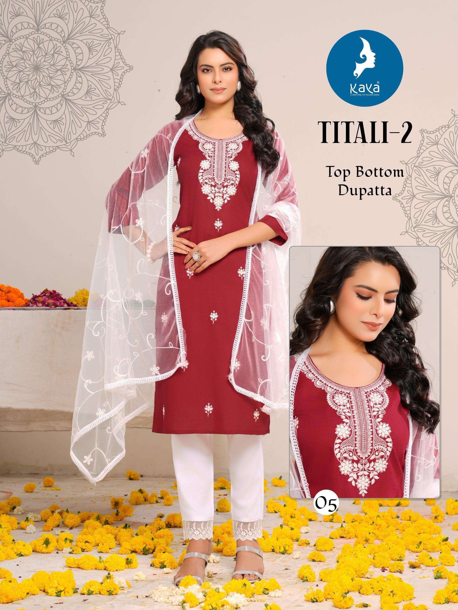 KAYA TITLI VOL 2 RAYON WORKS LADIES KURTI PANT AND DUPATTA SET
