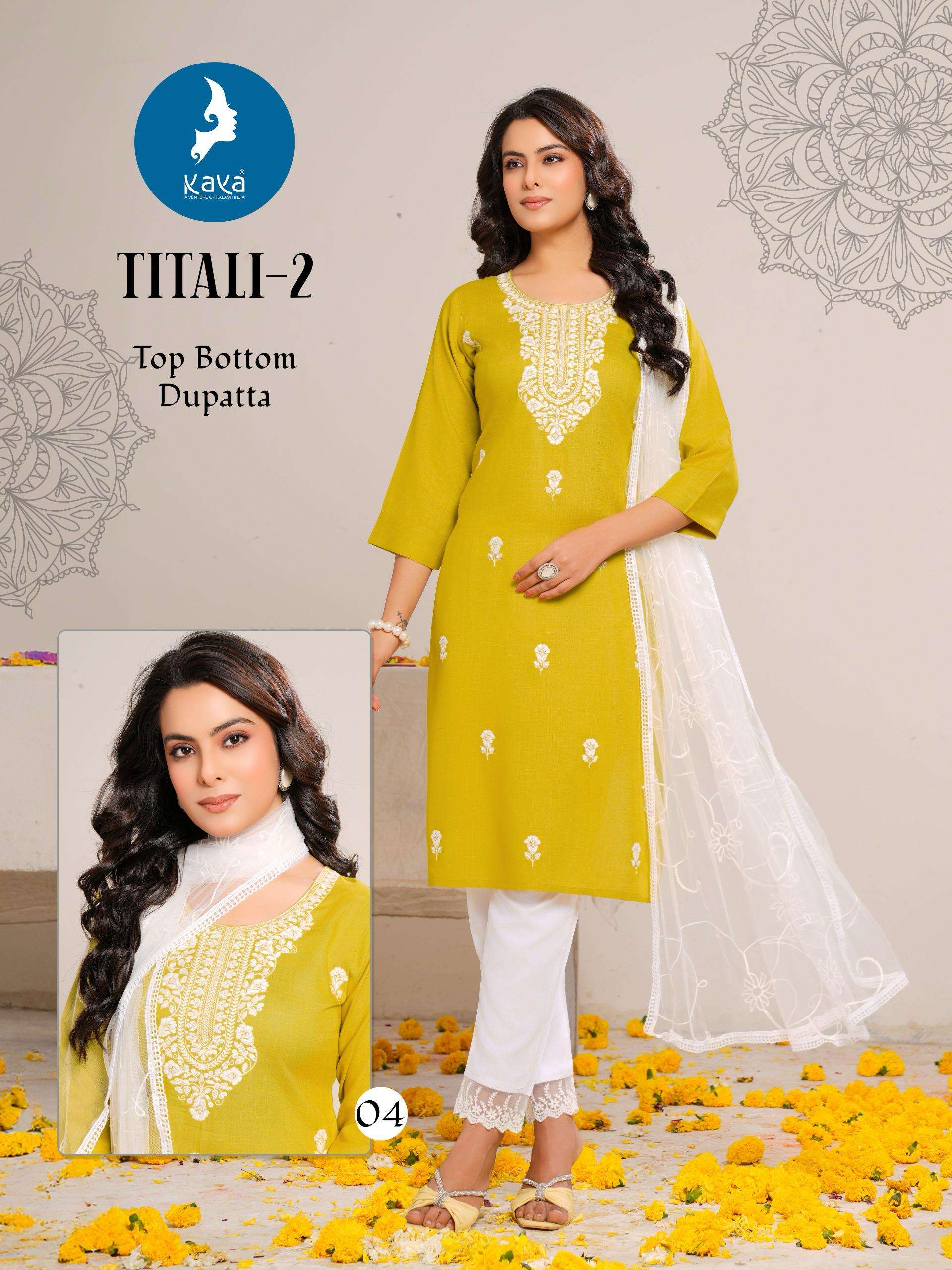 KAYA TITLI VOL 2 RAYON WORKS LADIES KURTI PANT AND DUPATTA SET