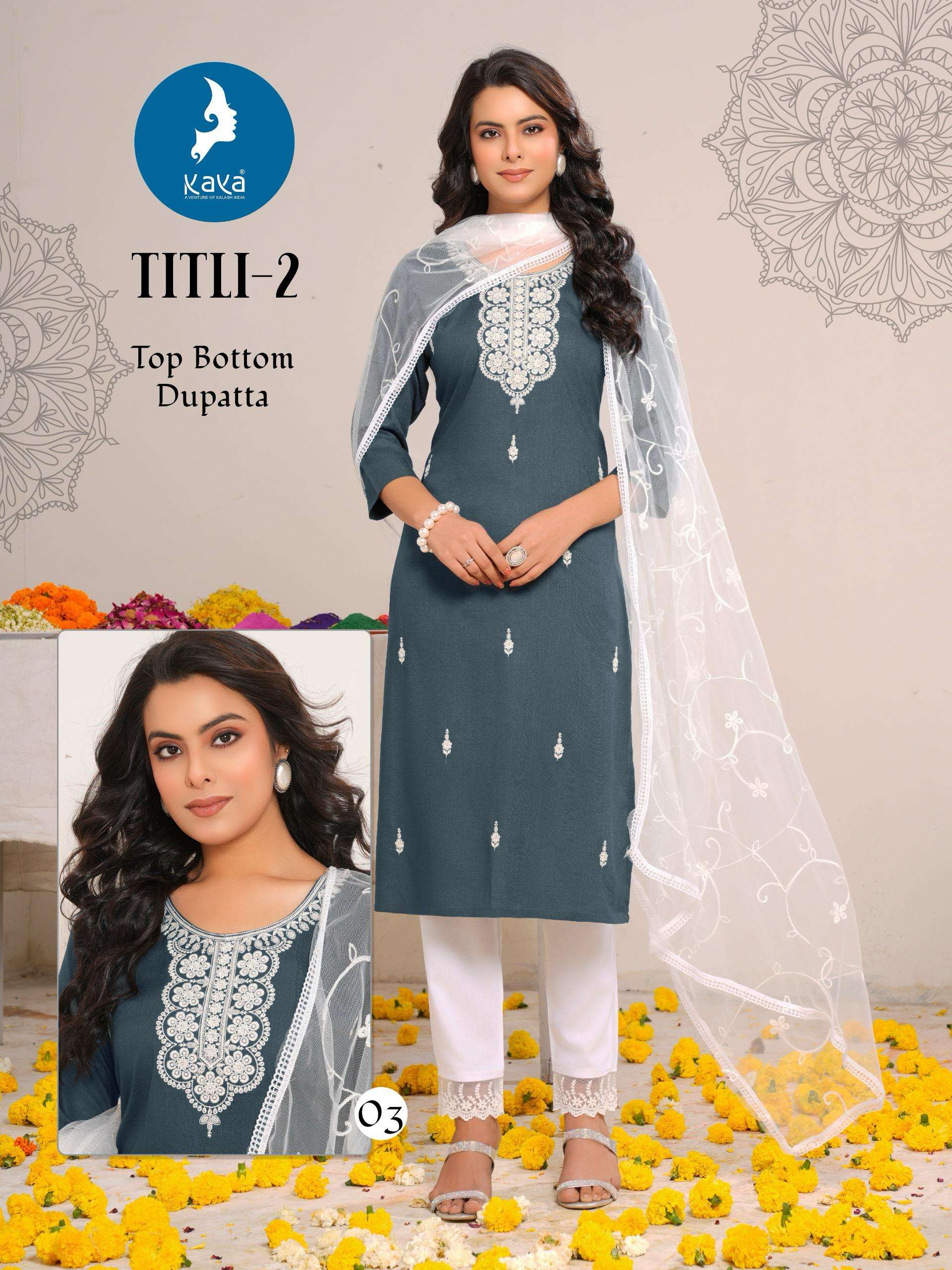 KAYA TITLI VOL 2 RAYON WORKS LADIES KURTI PANT AND DUPATTA SET