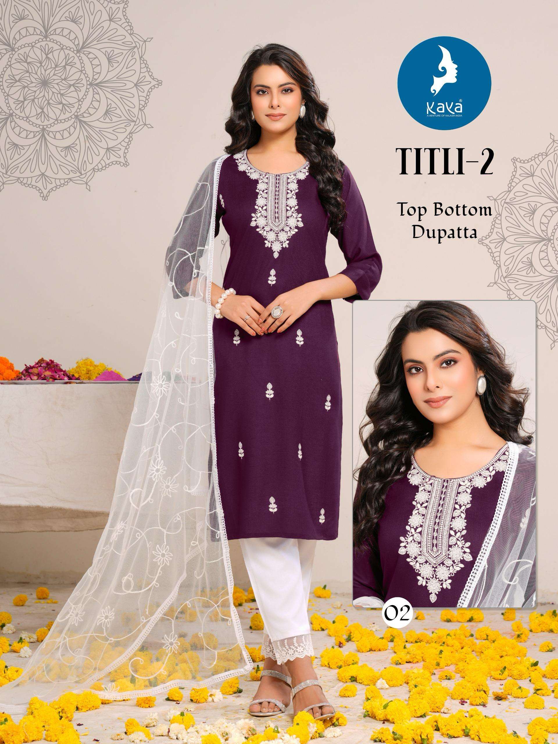 KAYA TITLI VOL 2 RAYON WORKS LADIES KURTI PANT AND DUPATTA SET