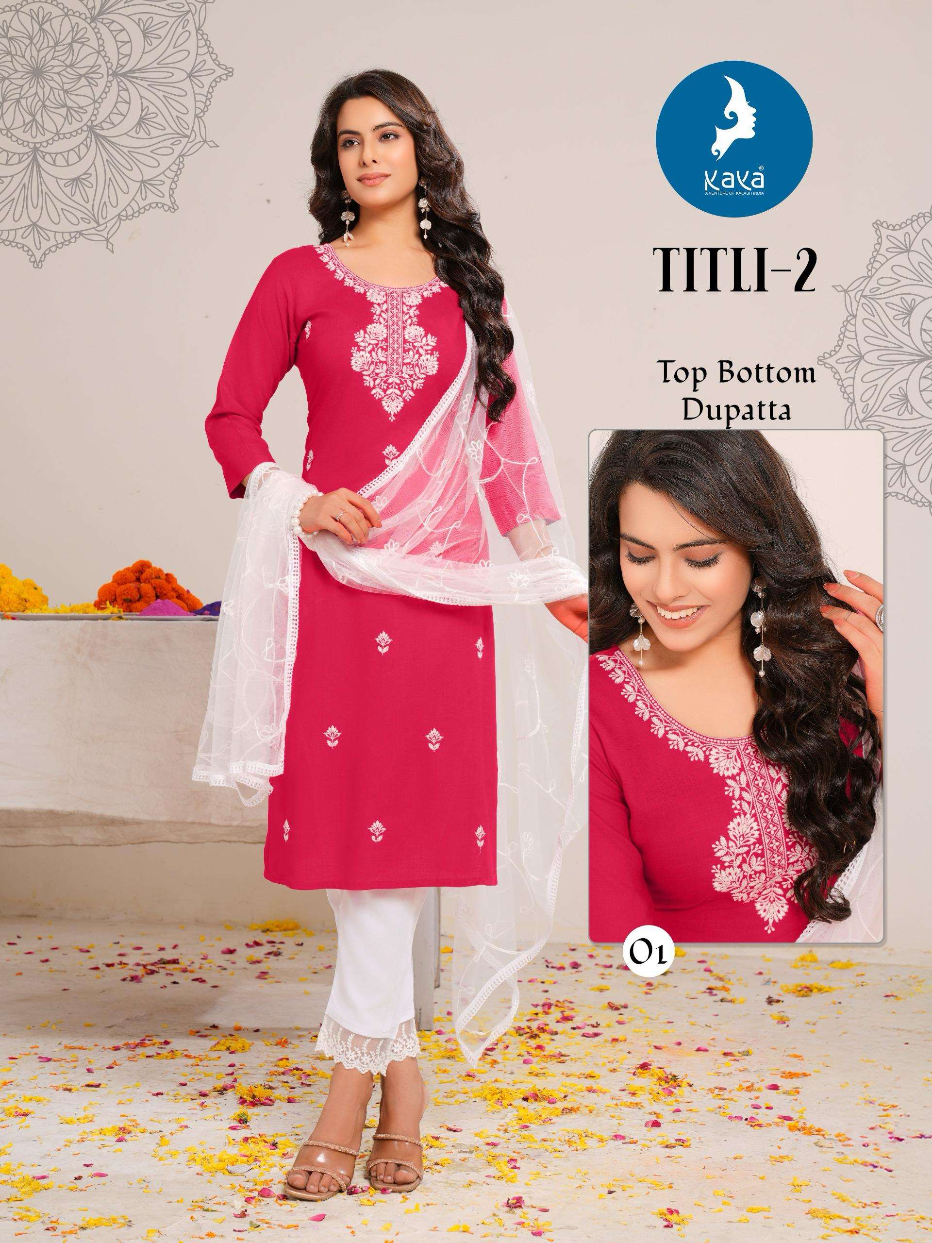KAYA TITLI VOL 2 RAYON WORKS LADIES KURTI PANT AND DUPATTA SET