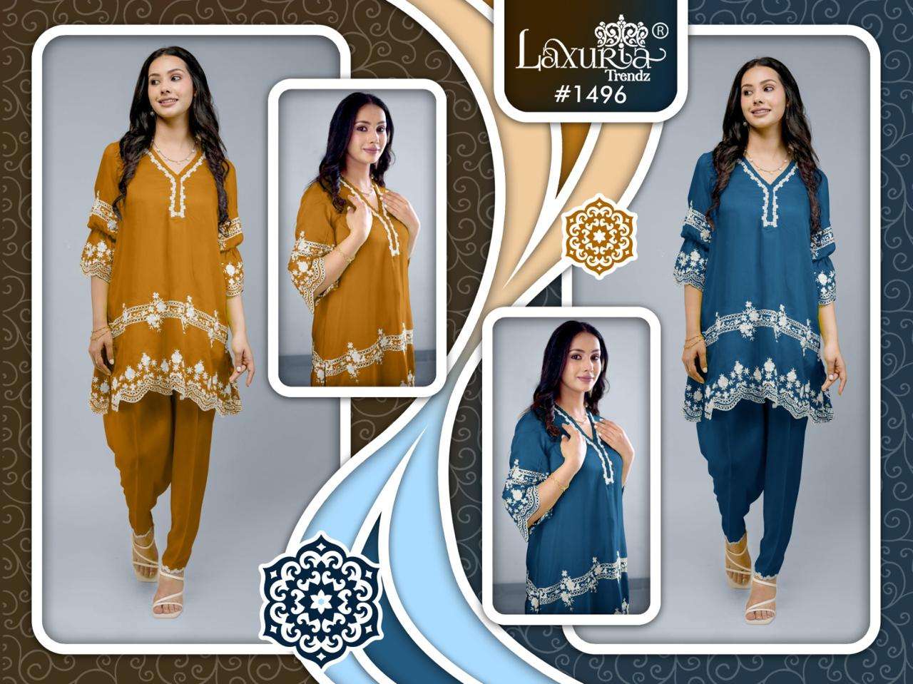 LAXURIA TRENDZ  D NO 1496 GORGEOUS DESIGNER PAKISTANI STYLE KURTI WITH BOTTOM SET