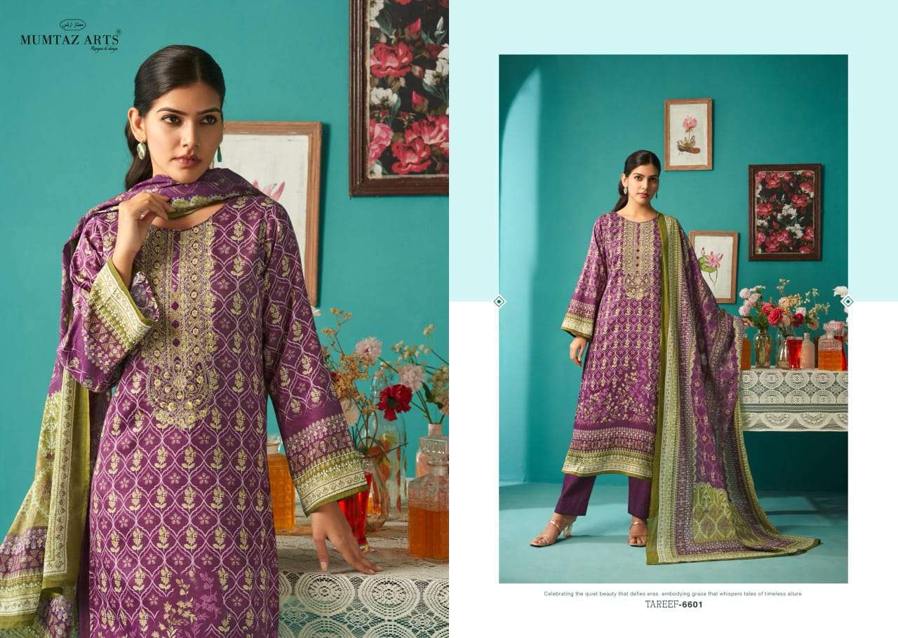 MUMTAZ ARTS TAREEF JAM SATIN DIGITAL PRINT WITH EMBROIDERY WORK SUIT
