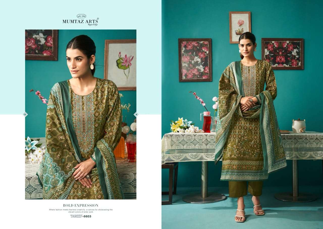 MUMTAZ ARTS TAREEF JAM SATIN DIGITAL PRINT WITH EMBROIDERY WORK SUIT