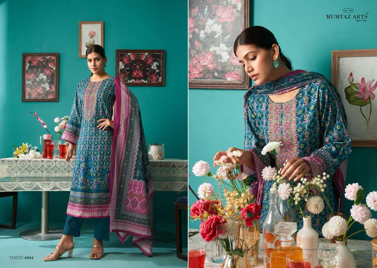 MUMTAZ ARTS TAREEF JAM SATIN DIGITAL PRINT WITH EMBROIDERY WORK SUIT