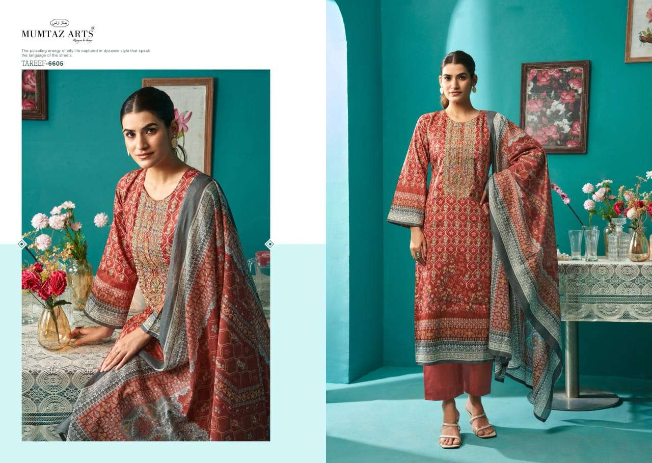 MUMTAZ ARTS TAREEF JAM SATIN DIGITAL PRINT WITH EMBROIDERY WORK SUIT