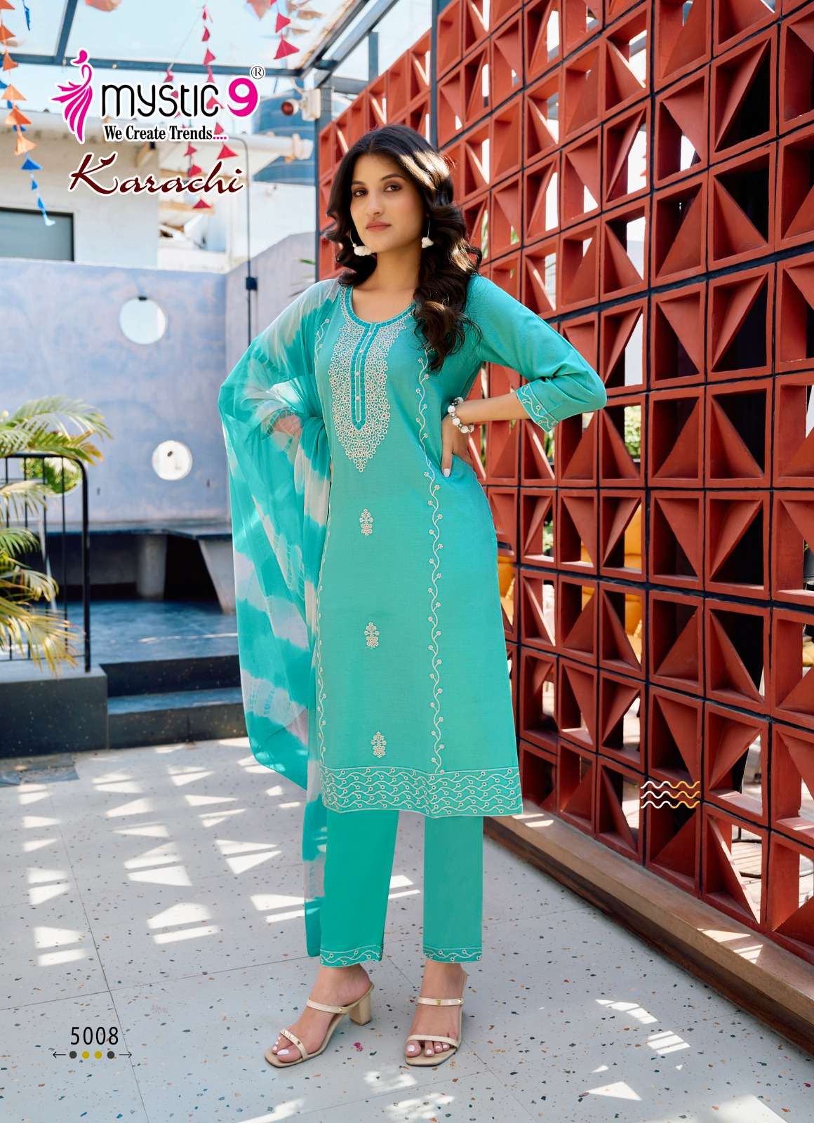 MYSTIC 9 KARACHI VOL 5 RAYON FANCY EMROIDERIES WORK KURTI COMBO SET