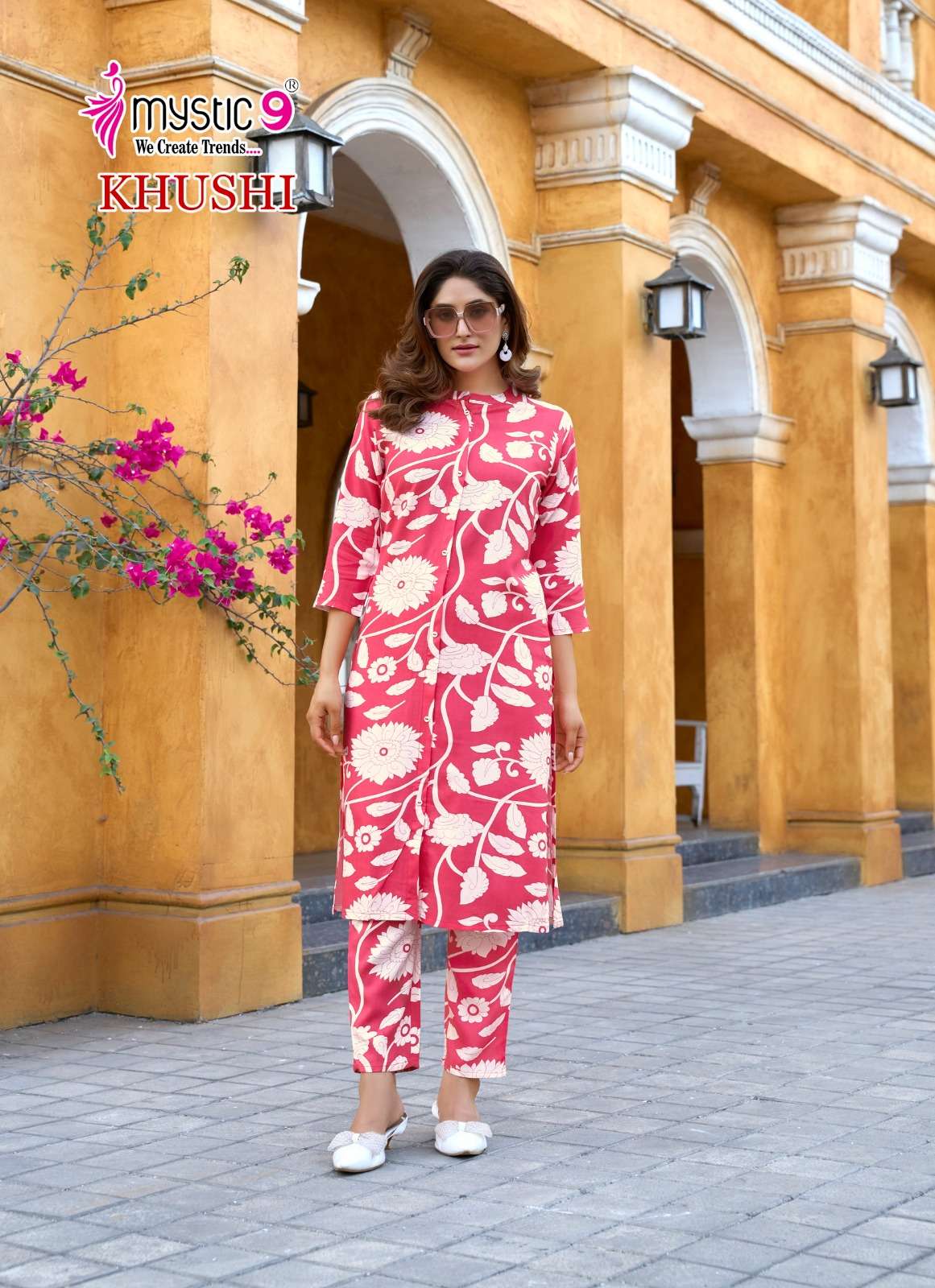 MYSTIC 9  KHUSHI VOL 1 VISCOSE PRINT FANCY LONG KURTI WITH PANT SET
