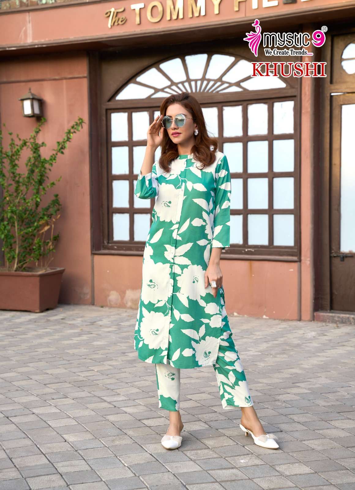 MYSTIC 9  KHUSHI VOL 1 VISCOSE PRINT FANCY LONG KURTI WITH PANT SET