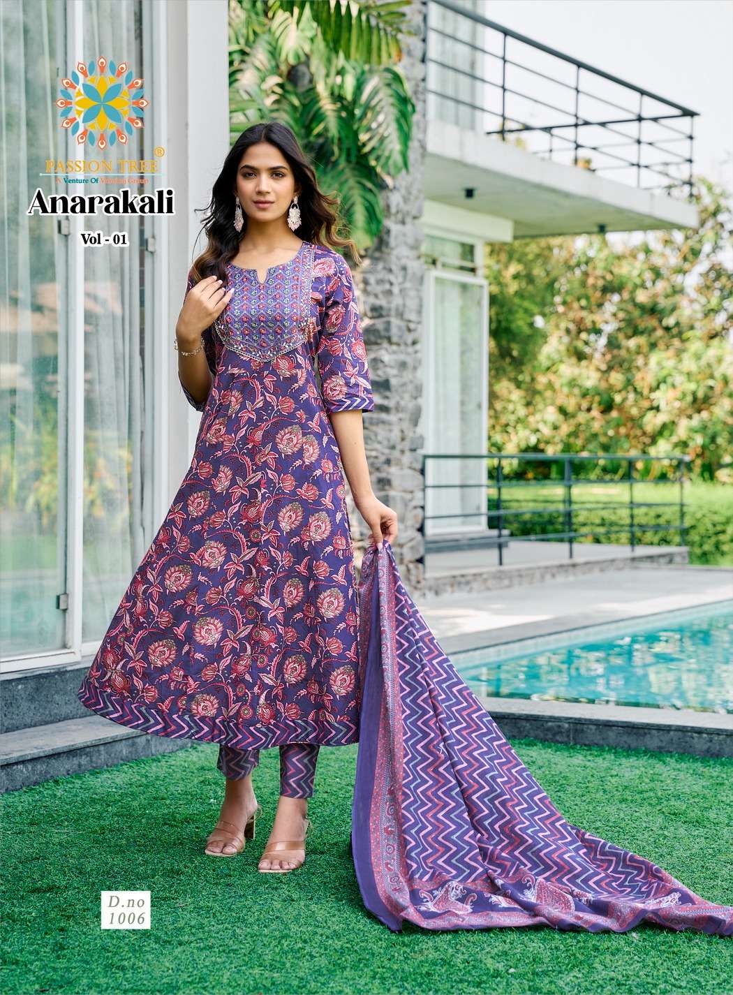 PASSION TREE ANARKALI VOL 1 COTTON PRINT WITH FANCY WORK KURTI COMBO SET